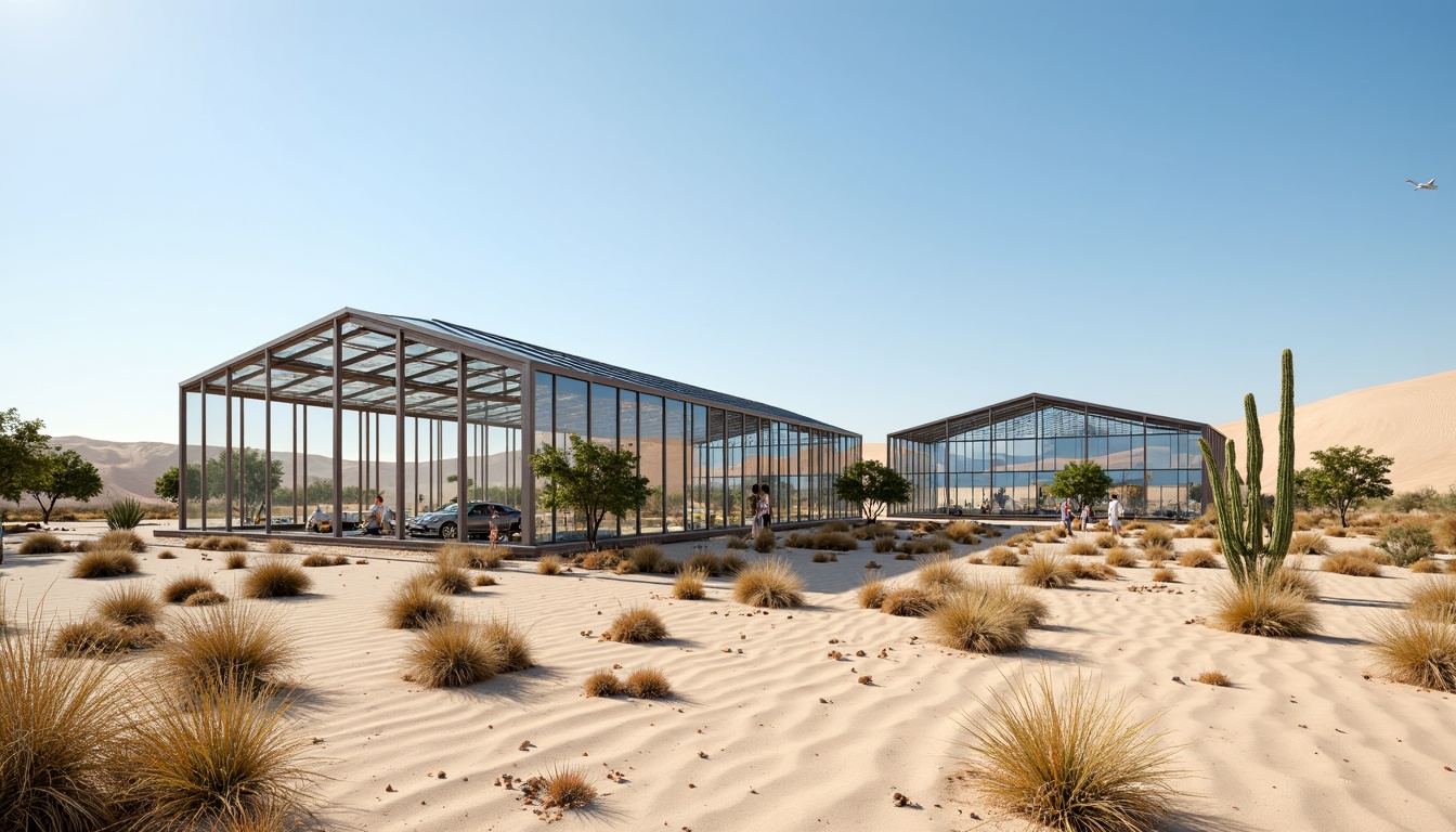 Prompt: Desert greenhouse, arid landscape, sandy dunes, cactus plants, hot sunny day, clear blue sky, vast open space, modern futuristic architecture, sleek metal buildings, reflective glass surfaces, angular lines, minimalist design, sustainable energy solutions, solar panels, wind turbines, water conservation systems, green roofs, eco-friendly materials, innovative cooling technologies, shaded outdoor spaces, misting systems, Arabic-inspired patterns, vibrant colorful textiles, intricate geometric motifs, natural ventilation, evaporative cooling, shading devices, thermal mass, insulation materials, climate-controlled environment, optimal humidity levels, automated ventilation systems, air filtration units, heat recovery systems.