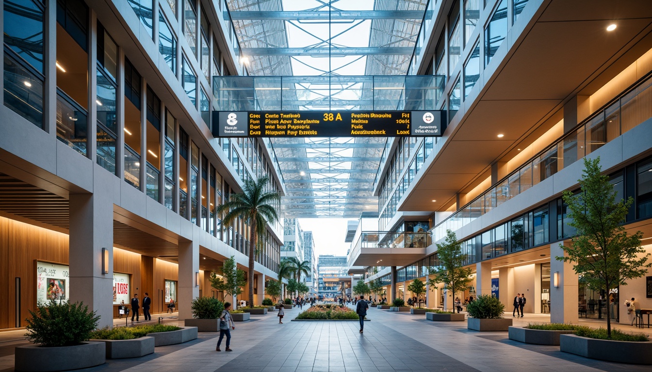 Prompt: Vibrant airport terminal, futuristic architecture, sleek metallic surfaces, transparent glass roofs, modern LED lighting, dynamic wayfinding systems, bold typography, warm beige tones, rich wood accents, calming blue hues, airy open spaces, natural stone flooring, lush greenery, subtle gradient effects, shallow depth of field, 3/4 composition, panoramic view, realistic textures, ambient occlusion.