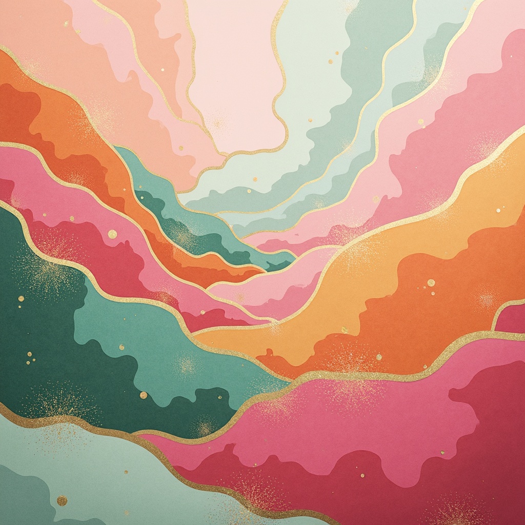 Prompt: Vibrant abstract artwork, harmonious color scheme, pastel hues, soft peach tones, calming mint greens, rich berry shades, metallic gold accents, matte black outlines, subtle gradient effects, delicate texture overlays, dreamy atmospheric lighting, shallow depth of field, 1/1 composition, panoramic view, realistic brushstrokes, ambient occlusion.