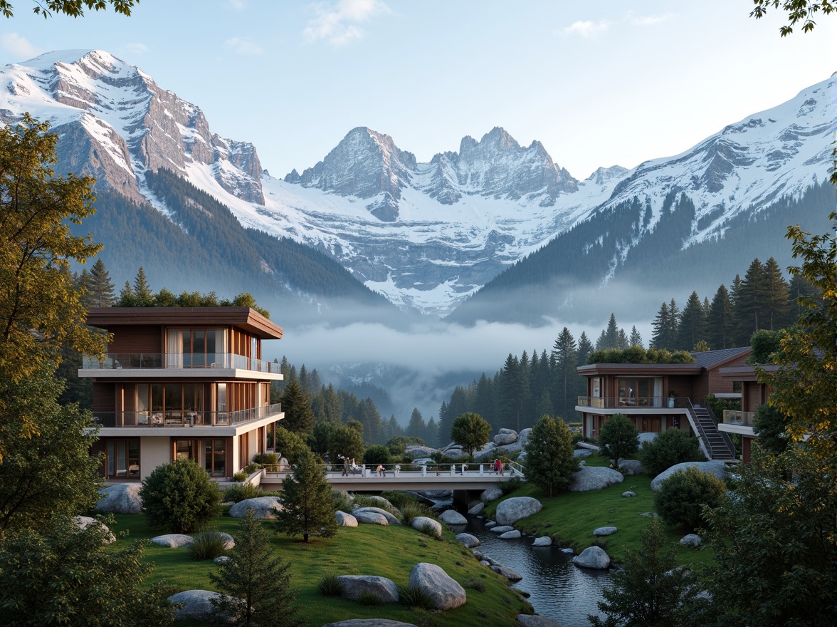 Prompt: Snow-capped mountains, lush alpine forests, rustic wooden cabins, eco-friendly materials, solar panels, wind turbines, green roofs, rainwater harvesting systems, natural stone foundations, cantilevered structures, angular lines, minimalist design, large windows, panoramic views, soft warm lighting, shallow depth of field, 3/4 composition, realistic textures, ambient occlusion.