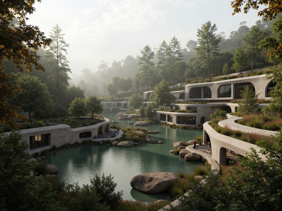 Prompt: Organic building forms, curved lines, natural stone walls, lush green roofs, cantilevered structures, suspended walkways, serene water features, rippling ponds, surrounding forest, misty atmosphere, soft warm lighting, shallow depth of field, 1/1 composition, realistic textures, ambient occlusion, eco-friendly materials, sustainable design principles, seamless landscape integration, harmonious coexistence.