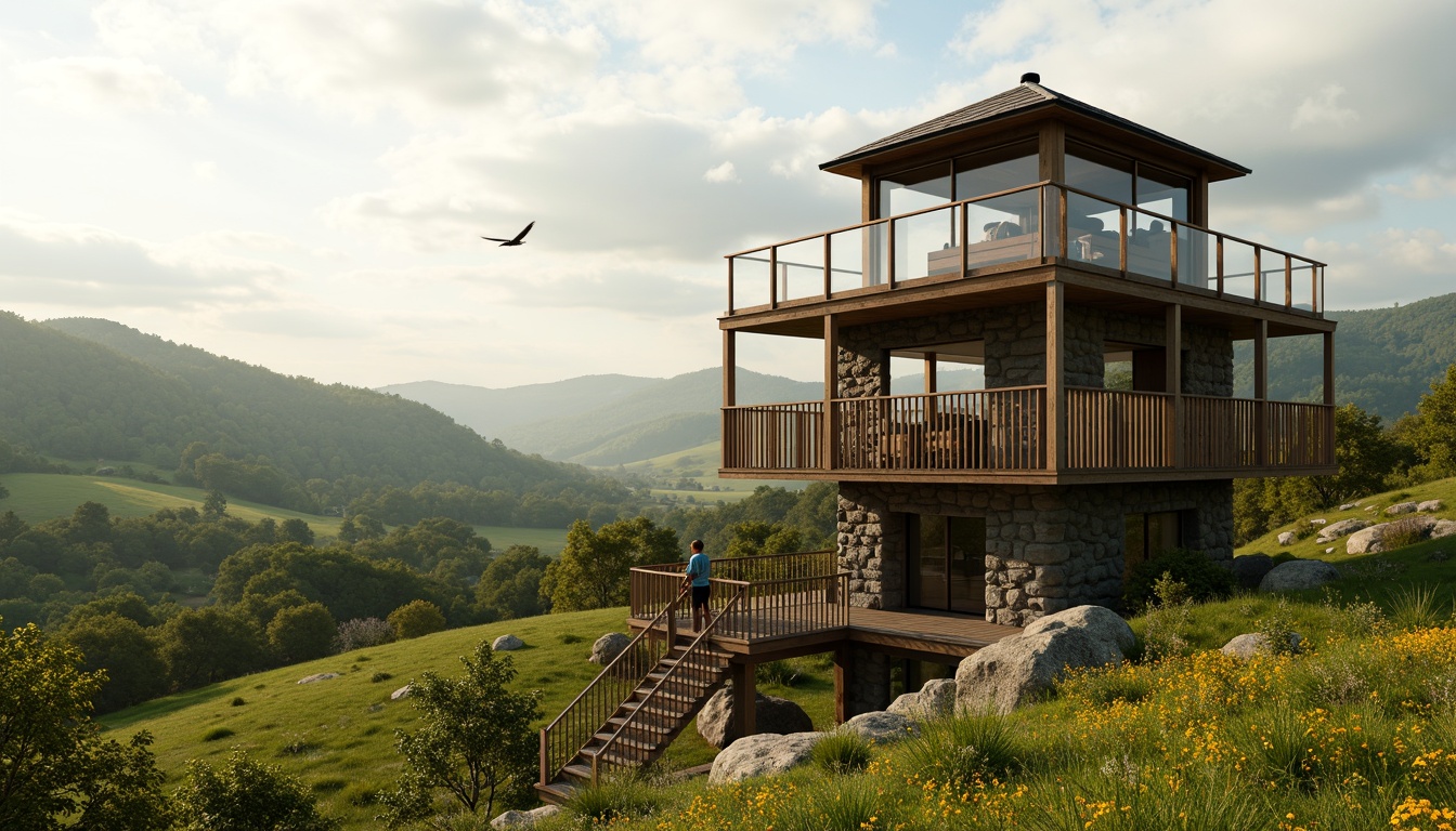 Prompt: Watchtower nestled in rolling hills, lush green meadows, wildflower fields, natural stone foundations, wooden accents, rustic metal details, panoramic views, binoculars mounted, scenic lookout points, winding staircases, cozy reading nooks, warm earthy tones, soft diffused lighting, atmospheric misting, 1/2 composition, cinematic framing, photorealistic textures, ambient occlusion.