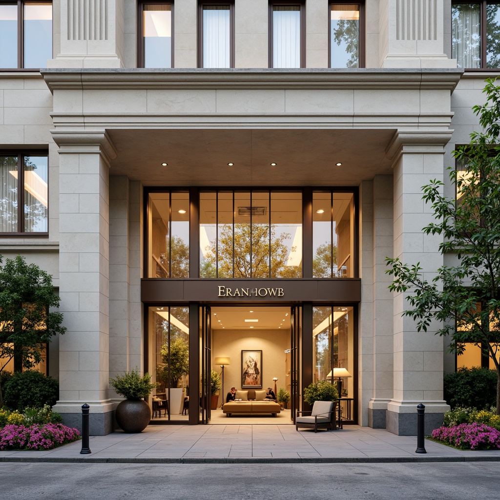 Prompt: Elegant hotel facade, neoclassical architecture, ornate columns, grand entrance, symmetrical composition, neutral color palette, cream stone walls, bronze metal details, stained glass windows, subtle patterns, soft warm lighting, shallow depth of field, 3/4 composition, panoramic view, realistic textures, ambient occlusion, lush greenery, vibrant flowers, pedestrian walkways, modern amenities, smart building technologies, energy-efficient systems, spacious lobbies, comfortable seating areas.