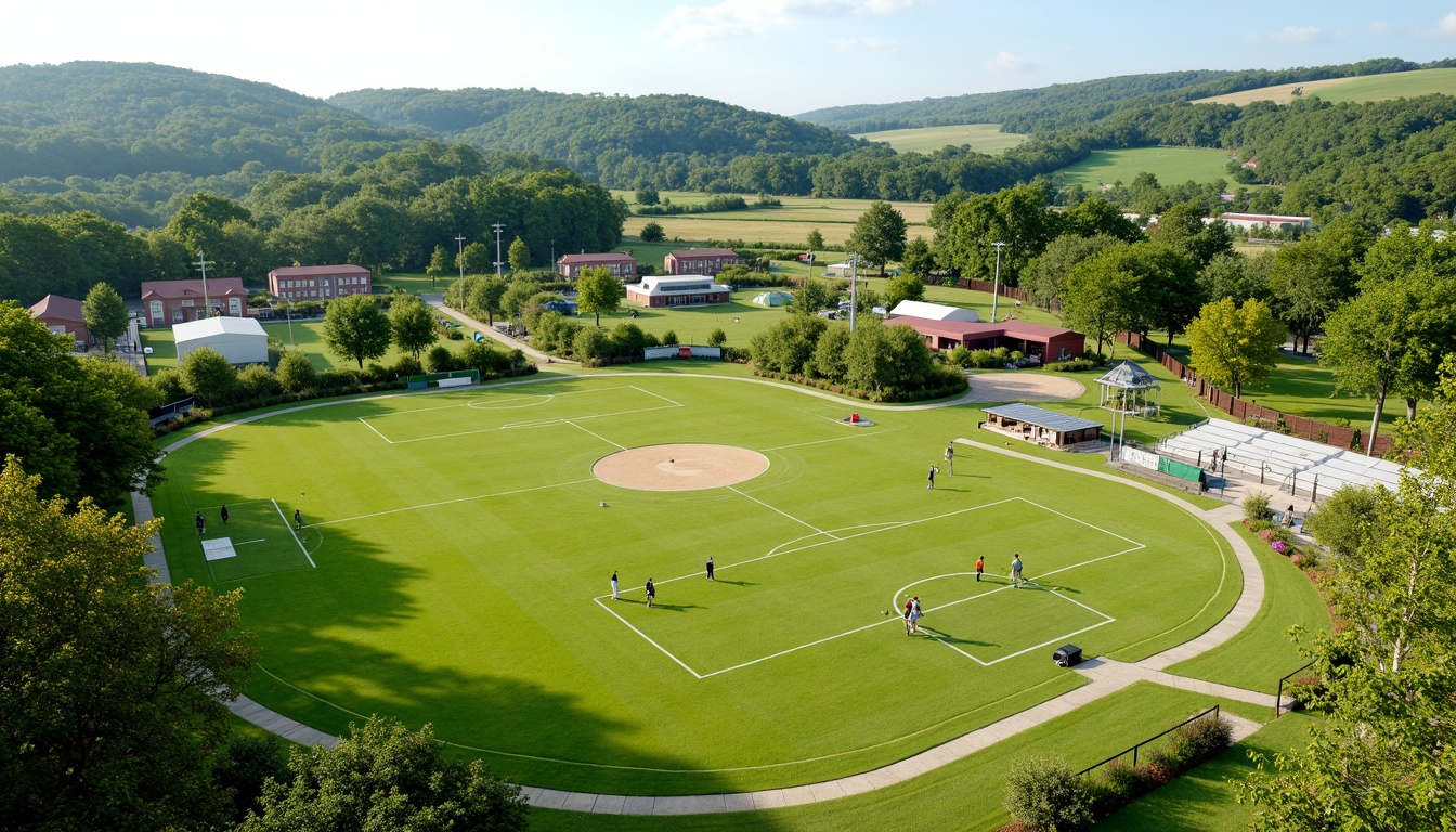 Prompt: Vibrant sports fields, lush green grass, rolling hills, athletic tracks, soccer goals, baseball diamonds, tennis courts, basketball hoops, volleyball nets, spectator seating areas, shaded bleachers, modern irrigation systems, drought-resistant turf, natural stone pathways, rustic wooden fences, sunny day, soft warm lighting, shallow depth of field, 3/4 composition, panoramic view, realistic textures, ambient occlusion.Let me know if this meets your requirements!