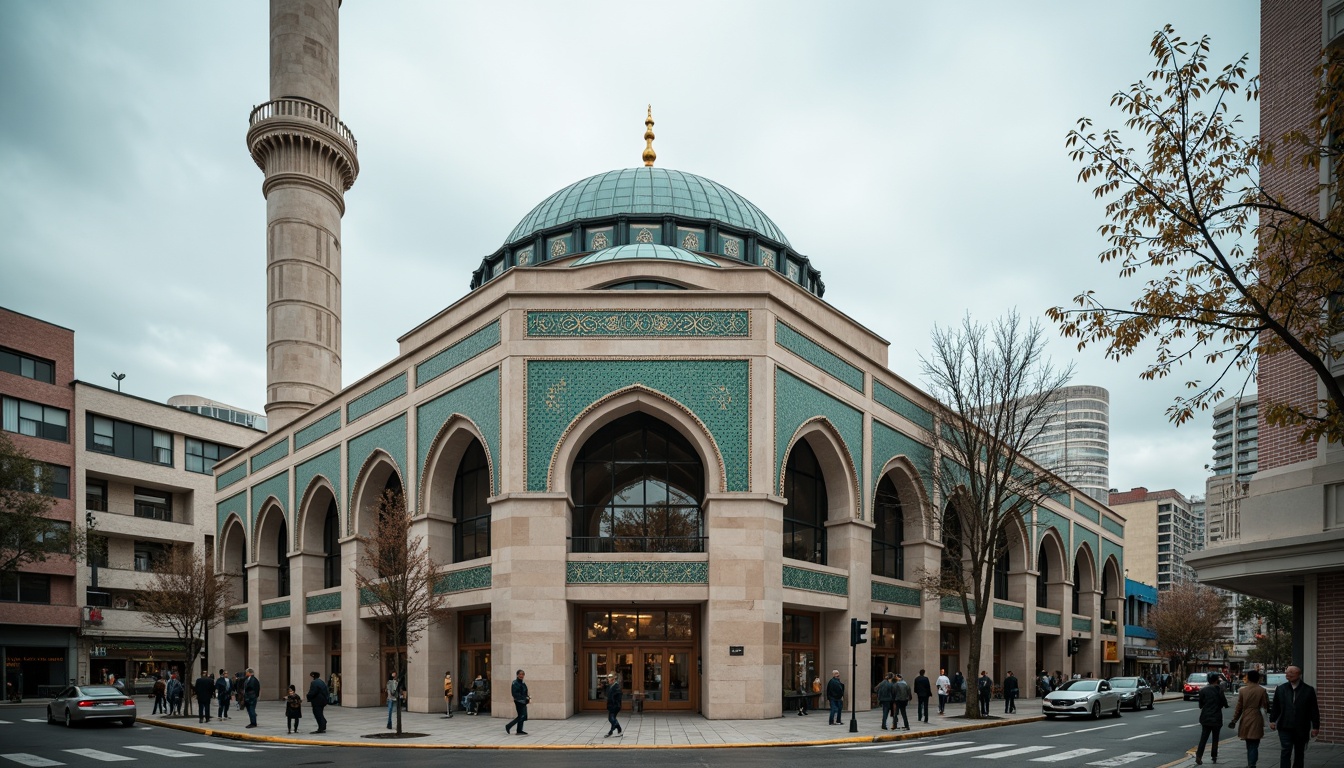 Prompt: Minaret, grand dome, intricate arches, Islamic geometric patterns, vibrant turquoise tiles, golden accents, ornate wooden doors, stained glass windows, modernist simplicity, clean lines, minimal ornamentation, brutalist concrete, industrial materials, urban landscape, bustling city streets, overcast sky, dramatic lighting, high contrast, 3/4 composition, symmetrical framing, realistic textures, ambient occlusion.