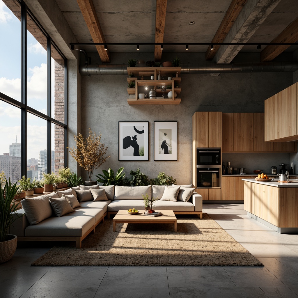 Prompt: Cozy living room, comfortable seating, soft cushions, warm lighting, wooden coffee table, minimalist decor, functional shelving units, concealed storage spaces, sleek kitchen appliances, quartz countertops, spacious cabinetry, natural stone flooring, floor-to-ceiling windows, urban loft atmosphere, modern industrial chic, 1/1 composition, softbox lighting, realistic textures.