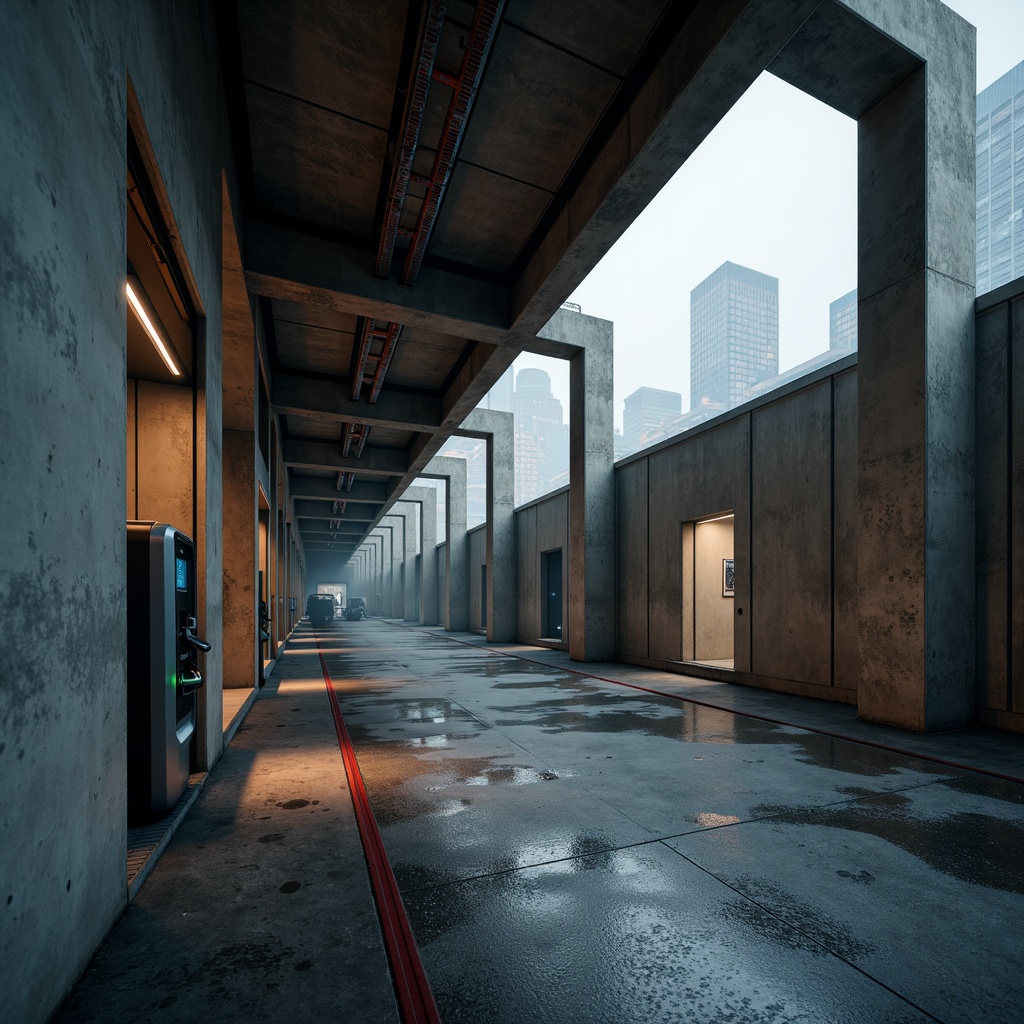 Prompt: Exposed concrete walls, rugged textures, industrial metal beams, raw unfinished surfaces, bold geometric forms, minimalist aesthetic, functional simplicity, urban cityscape, modern transportation hub, electric vehicle charging points, futuristic infrastructure, neon lighting accents, moody atmospheric shadows, high-contrast dramatic lighting, low-angle heroic composition, realistic rough materials, ambient occlusion.Please let me know if this meets your requirements.