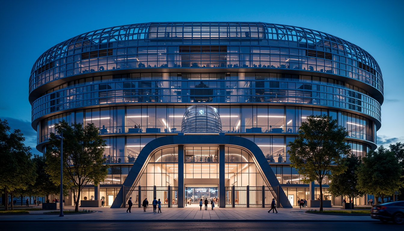 Prompt: Modern stadium facade, curved steel structures, metallic latticework, dynamic LED lighting, sleek silver coatings, futuristic architecture, cantilevered roofs, grand entrance gates, imposing archways, robust columns, angular lines, geometric patterns, high-tech materials, urban cityscape, evening atmosphere, dramatic spotlighting, shallow depth of field, 2/3 composition, wide-angle shot, realistic reflections, ambient occlusion.