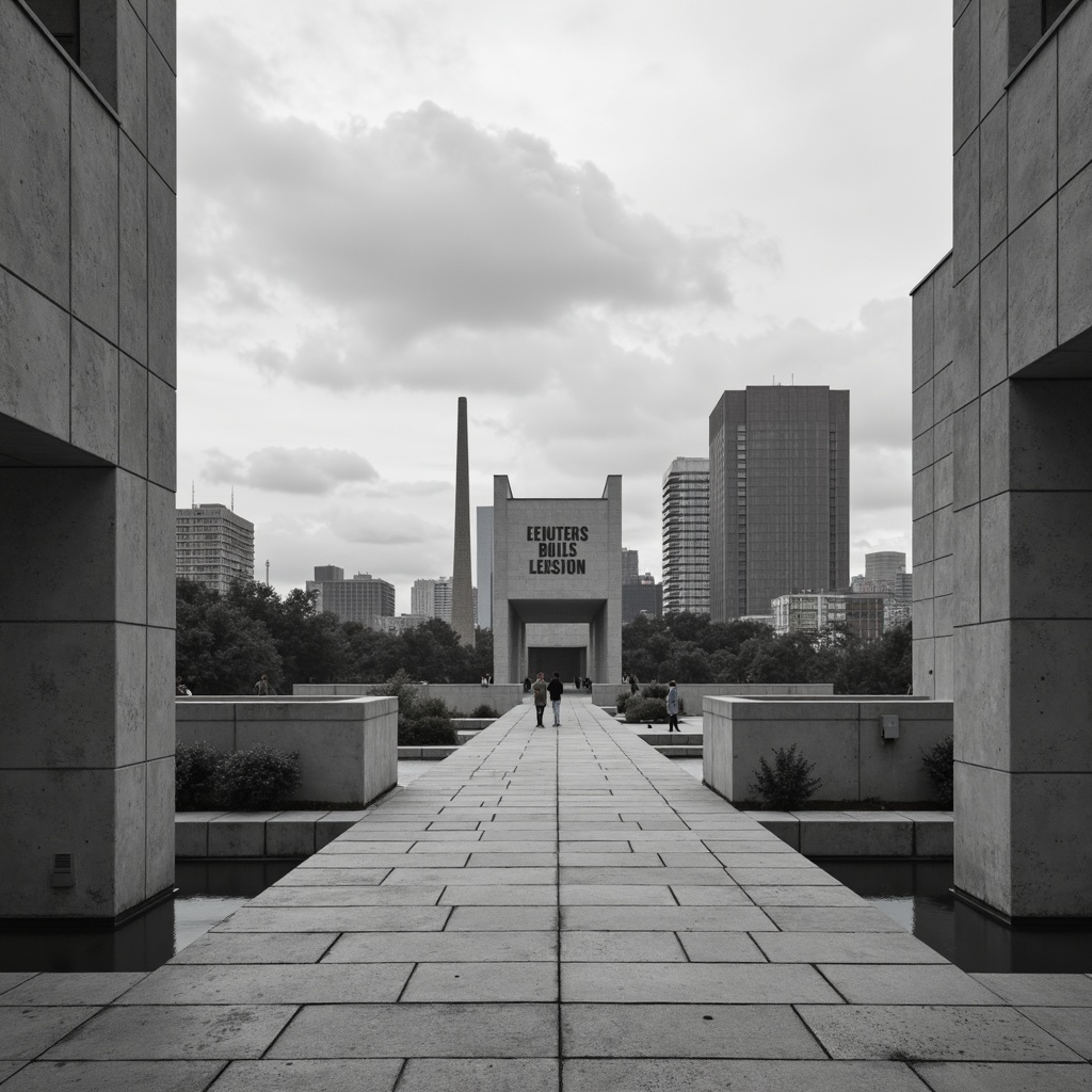 Prompt: Monochromatic color scheme, brutalist concrete structures, clean lines, minimalist aesthetics, rectangular forms, industrial materials, urban cityscape, cloudy grey sky, dramatic shadows, high contrast lighting, 1/2 composition, symmetrical framing, abstract textures, ambient occlusion, geometric patterns, Bauhaus-inspired typography, modern art installations, functional design elements.