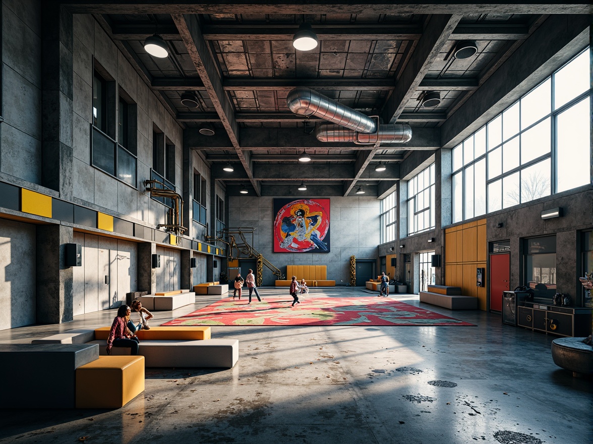 Prompt: Deconstructed gymnasium interior, fragmented walls, irregularly shaped columns, dynamic angular lines, futuristic lighting fixtures, metallic surfaces, industrial-style ductwork, distressed concrete floors, abstract art installations, unconventional seating areas, suspended athletic equipment, bold color accents, oversized windows, natural light pouring in, high-contrast shadows, dramatic focal points, 2.5D composition, cinematic camera angles, moody atmospheric rendering.