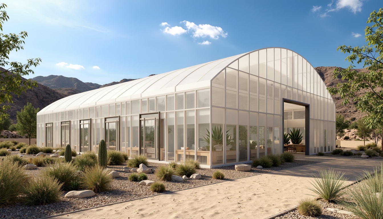 Prompt: Desert greenhouse, futuristic architecture, transparent polycarbonate panels, climate-controlled environment, advanced ventilation systems, evaporative cooling, misting systems, shaded outdoor spaces, solar screens, reflective coatings, thermal mass walls, natural convection, heat recovery systems, dehumidification units, air purification systems, optimal CO2 levels, humidistat control, automated irrigation systems, drought-resistant crops, succulent plants, cacti species, sandy soil substrates, arid region flora, warm sunny day, clear blue sky.