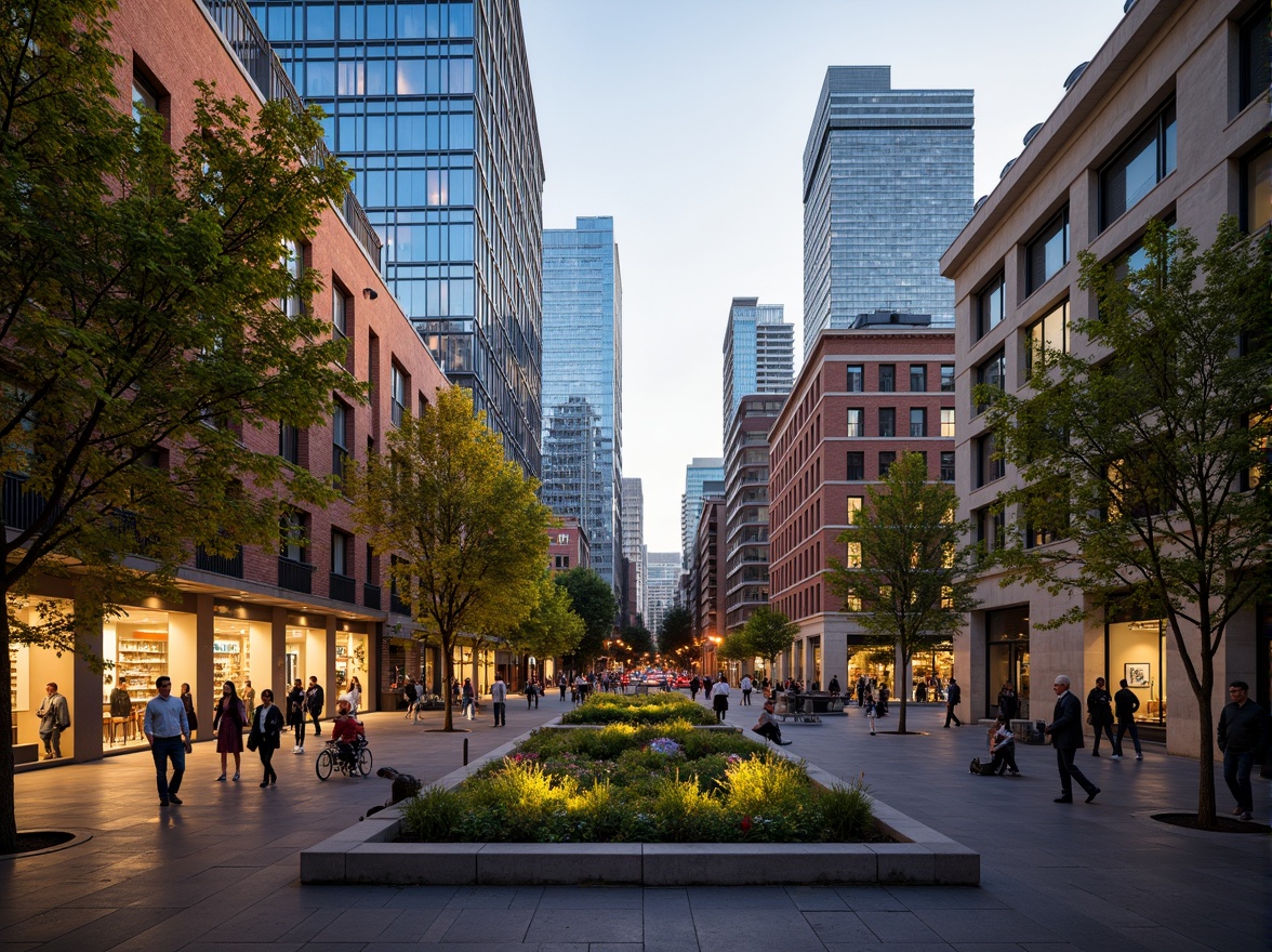 Prompt: Vibrant cityscape, modern skyscrapers, bustling streets, pedestrian walkways, urban gardens, green roofs, public art installations, street performers, food vendors, eclectic storefronts, neon lights, evening atmosphere, warm golden lighting, shallow depth of field, 1/2 composition, realistic textures, ambient occlusion, harmonious color palette.