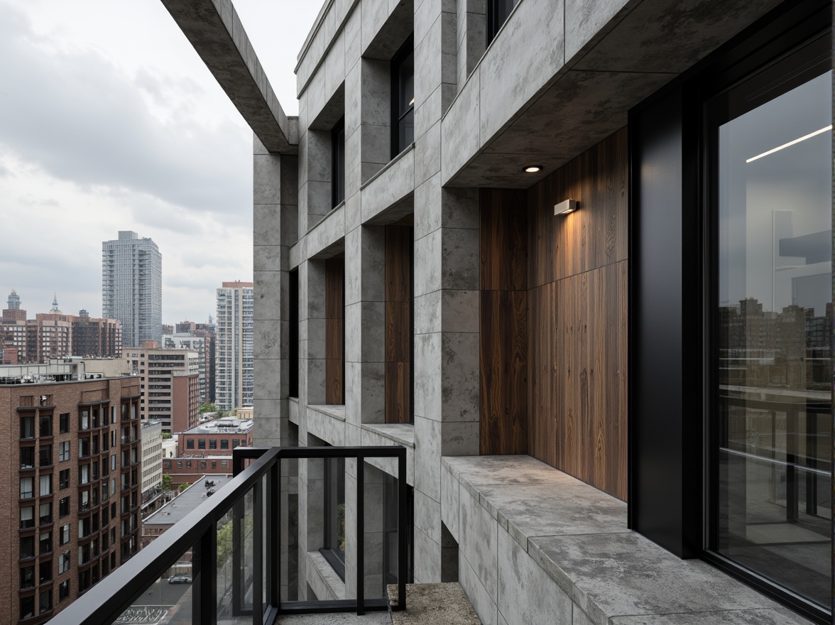 Prompt: Exposed concrete walls, industrial metal beams, polished steel surfaces, minimalist wood accents, matte black windows, sleek glass railings, brutalist fa\u00e7ades, abstract geometric patterns, urban cityscape, overcast sky, dramatic shadows, high-contrast lighting, 1-point perspective, symmetrical composition, realistic reflections, ambient occlusion.