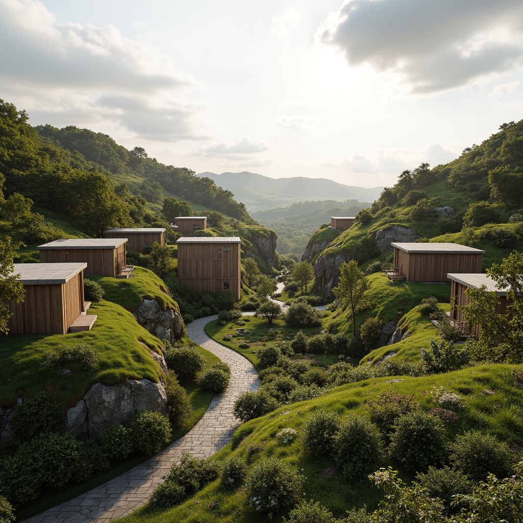 Prompt: Harmonious building integration, rolling hills, lush greenery, meandering pathways, natural stone walls, wooden accents, seamless transitions, curved lines, organic forms, eco-friendly materials, sustainable design, minimalist aesthetic, panoramic views, vast open spaces, dramatic skies, warm sunlight, soft shadows, 1/1 composition, symmetrical balance, realistic textures, ambient occlusion.