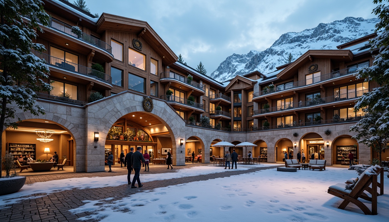 Prompt: Ornate ski center facade, grandiose entrance arches, intricate stone carvings, golden accents, lavish decorations, snow-capped roofs, wooden beam structures, rustic mountain lodge feel, cozy interior ambiance, crackling fireplaces, vintage skiing equipment displays, warm candle lighting, shallow depth of field, 1/1 composition, symmetrical framing, soft focus effect, realistic snow textures, ambient occlusion.