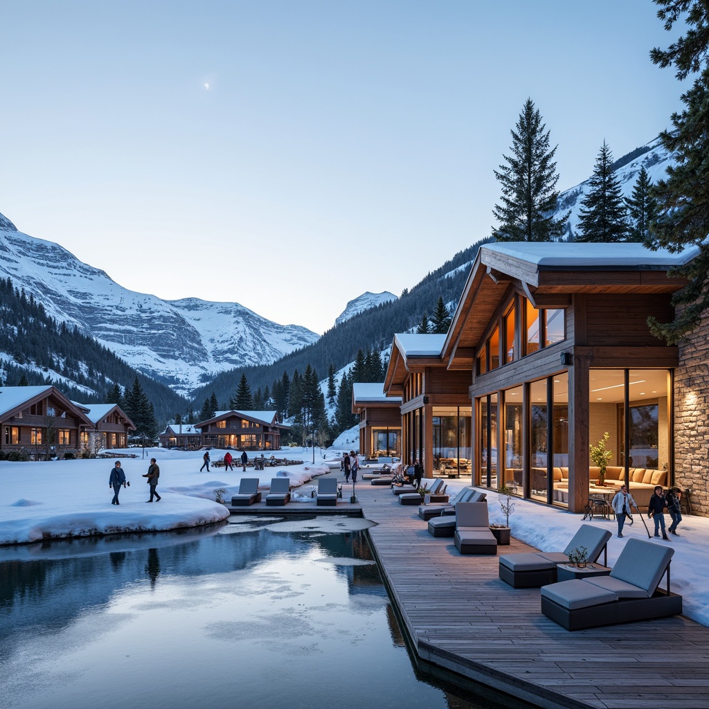 Prompt: Snow-capped mountains, frozen lakes, ski trails, wooden chalets, rustic stone walls, snow-covered roofs, modern ski center architecture, large glass windows, sliding doors, outdoor terraces, wooden decks, comfortable seating areas, warm lighting, cozy fireplaces, natural materials, earthy tones, minimalist design, functional layout, panoramic views, realistic textures, ambient occlusion, soft warm lighting, shallow depth of field, 3/4 composition.