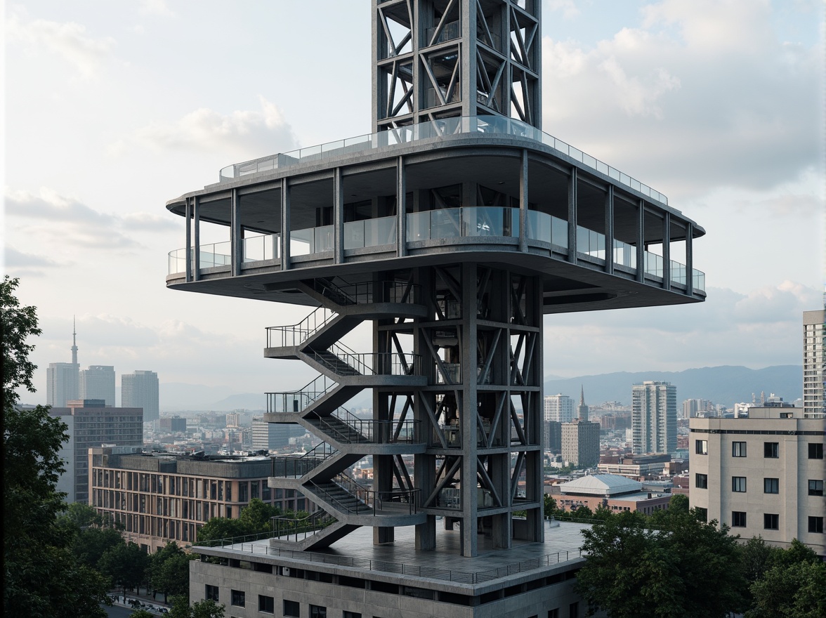 Prompt: Futuristic watchtower, sleek metal latticework, minimalist design, cantilevered staircases, geometric angular lines, industrial materials, exposed ductwork, concrete foundations, modernist architecture, panoramic views, urban cityscape, bustling streets, high-rise buildings, cloudy skies, dramatic backlighting, 1/1 composition, shallow depth of field, realistic textures, ambient occlusion.