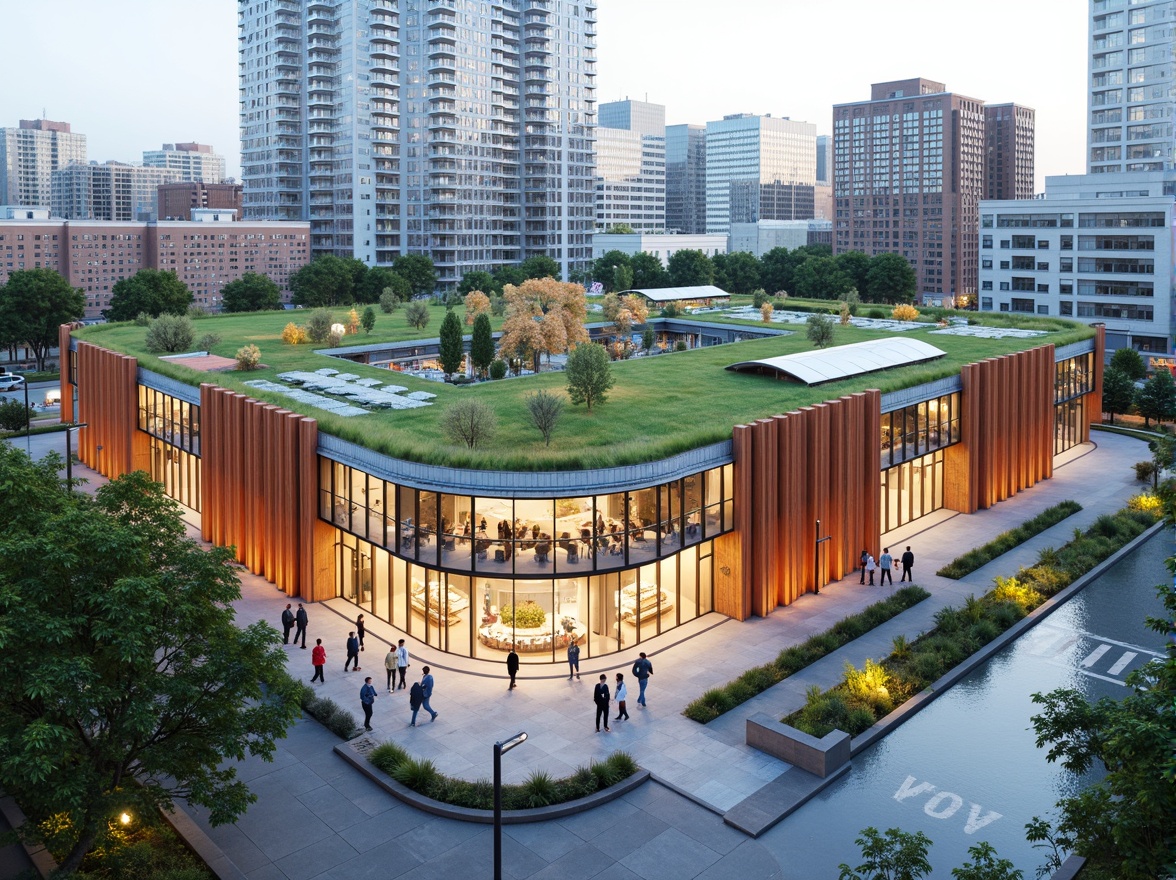 Prompt: Vibrant community health center, curved green roofs, living walls, natural ventilation systems, large windows, transparent glass fa\u00e7ades, solar panels, wind turbines, eco-friendly materials, modern minimalist design, bold colorful accents, dynamic LED lighting, urban cityscape, busy streets, pedestrian walkways, public art installations, accessible ramps, automatic sliding doors, open-air courtyards, shaded seating areas, calming water features, natural stone flooring, 1/1 composition, realistic textures, ambient occlusion.