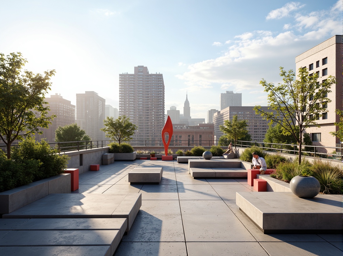 Prompt: Urban rooftop, minimalist decor, geometric shapes, industrial materials, concrete floors, steel railings, modernist architecture, functional simplicity, bold color accents, abstract sculptures, potted plants, city skyline views, afternoon sunlight, high contrast shadows, shallow depth of field, 2/3 composition, symmetrical framing, realistic textures, ambient occlusion.