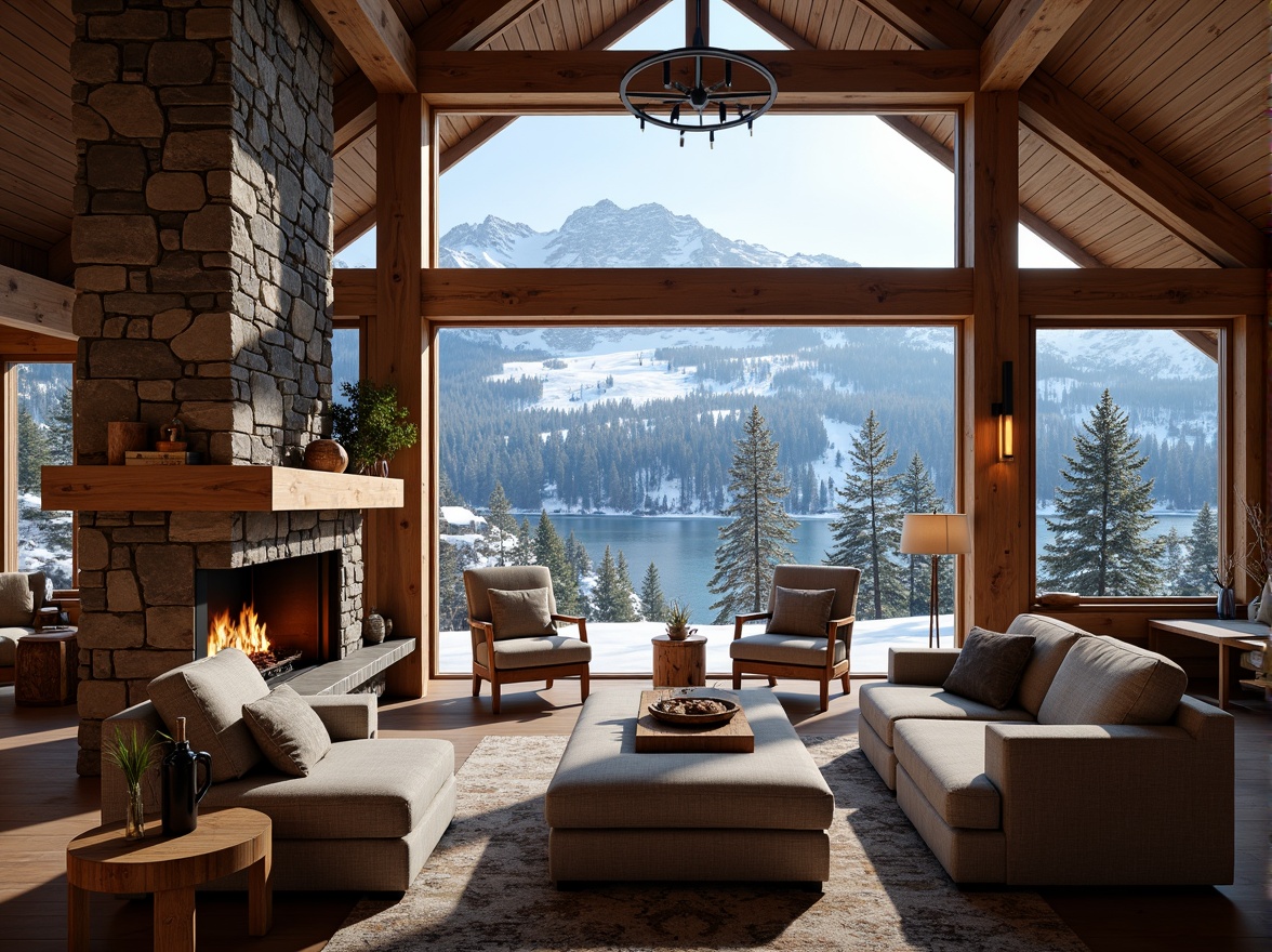 Prompt: Rustic ski lodge, wooden beams, stone walls, earthy tones, natural textures, wooden furniture, cozy fireplaces, snow-capped mountains, frozen lakes, evergreen trees, crisp winter air, soft warm lighting, shallow depth of field, 3/4 composition, panoramic view, realistic wood grains, ambient occlusion.