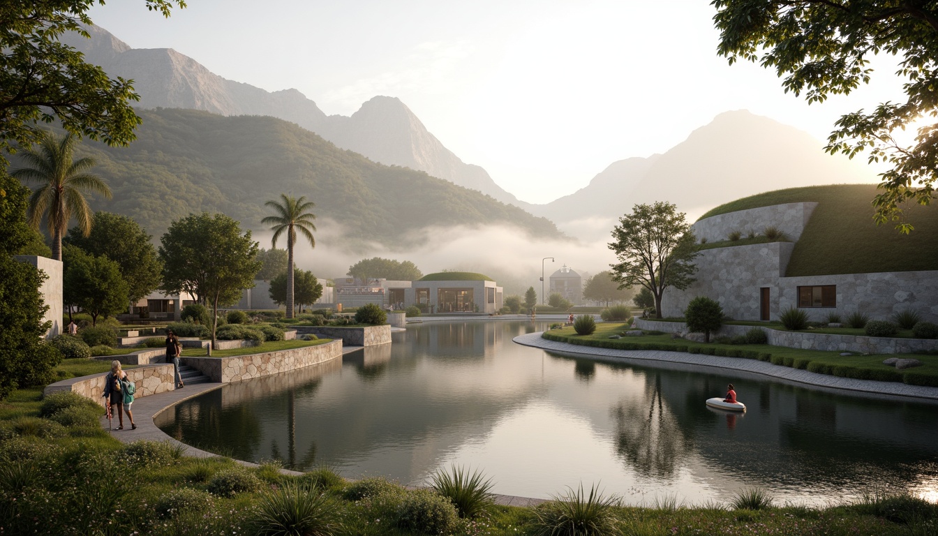 Prompt: Harmonious building facade, natural stone walls, curved green roofs, lush vegetation, subtle water features, serene lake views, misty morning atmosphere, soft warm lighting, shallow depth of field, 3/4 composition, panoramic view, realistic textures, ambient occlusion, modern minimalist architecture, sleek glass surfaces, angular lines, sustainable energy solutions, solar panels, wind turbines, water conservation systems, eco-friendly materials, innovative cooling technologies, shaded outdoor spaces, misting systems.