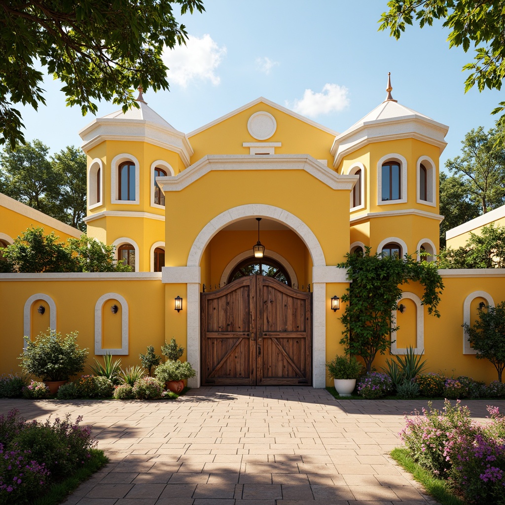 Prompt: Warm kindergarten facade, Romanesque arches, rounded towers, bright yellow walls, white stone accents, colorful ceramic tiles, ornate wooden doors, rusty metal gates, lush green vines, blooming flowers, sunny afternoon, soft warm lighting, shallow depth of field, 3/4 composition, panoramic view, realistic textures, ambient occlusion.