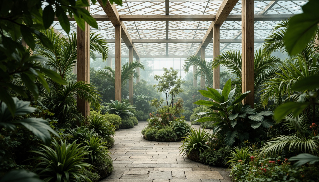 Prompt: Vibrant botanical greenhouse, lush tropical plants, natural stone flooring, wooden trellises, misty atmosphere, soft warm lighting, shallow depth of field, 3/4 composition, panoramic view, realistic textures, ambient occlusion, calming green hues, soothing blue undertones, contrasting bright accents, harmonious color balance, visually appealing foliage displays, modern minimalist decor, sustainable eco-friendly materials, innovative climate control systems.