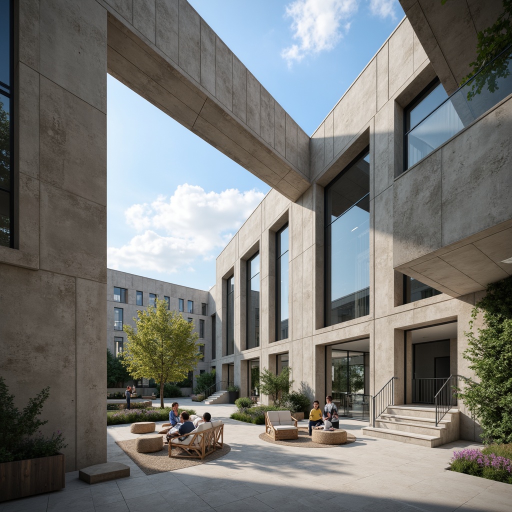 Prompt: Exposed concrete walls, polished steel beams, sleek glass facades, minimalist ornamentation, industrial chic aesthetic, brutalist structures, raw unfinished textures, monochromatic color palette, angular geometric forms, cantilevered roofs, open floor plans, floor-to-ceiling windows, natural light pouring in, soft diffused lighting, shallow depth of field, 1/1 composition, realistic reflections, ambient occlusion.