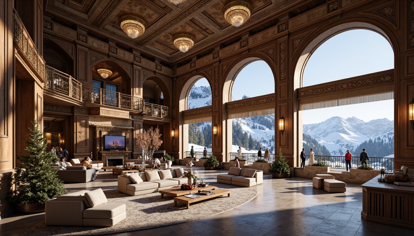 Prompt: Luxurious ski resort, grandiose snow-capped mountains, intricately carved wooden facades, ornate golden accents, majestic stone columns, regal chandeliers, lavish furnishings, velvet drapes, marble floors, intricate frescoes, dramatic staircases, opulent ballrooms, sparkling crystal chandeliers, warm fireplaces, rich wood paneling, grand entrance halls, sweeping archways, Baroque-inspired architecture, snowflakes gently falling, soft warm lighting, shallow depth of field, 1/1 composition, realistic textures, ambient occlusion.