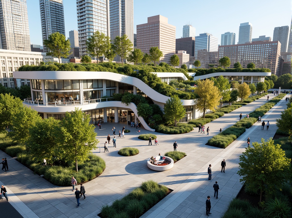 Prompt: Vibrant transportation hub, lush green roofs, verdant walls, natural stone floors, modern architecture, curved lines, sleek glass fa\u00e7ades, large windows, ample natural light, bustling cityscape, urban landscape, pedestrian-friendly walkways, bike lanes, public art installations, dynamic LED lighting, shallow depth of field, 1/1 composition, panoramic view, realistic textures, ambient occlusion.