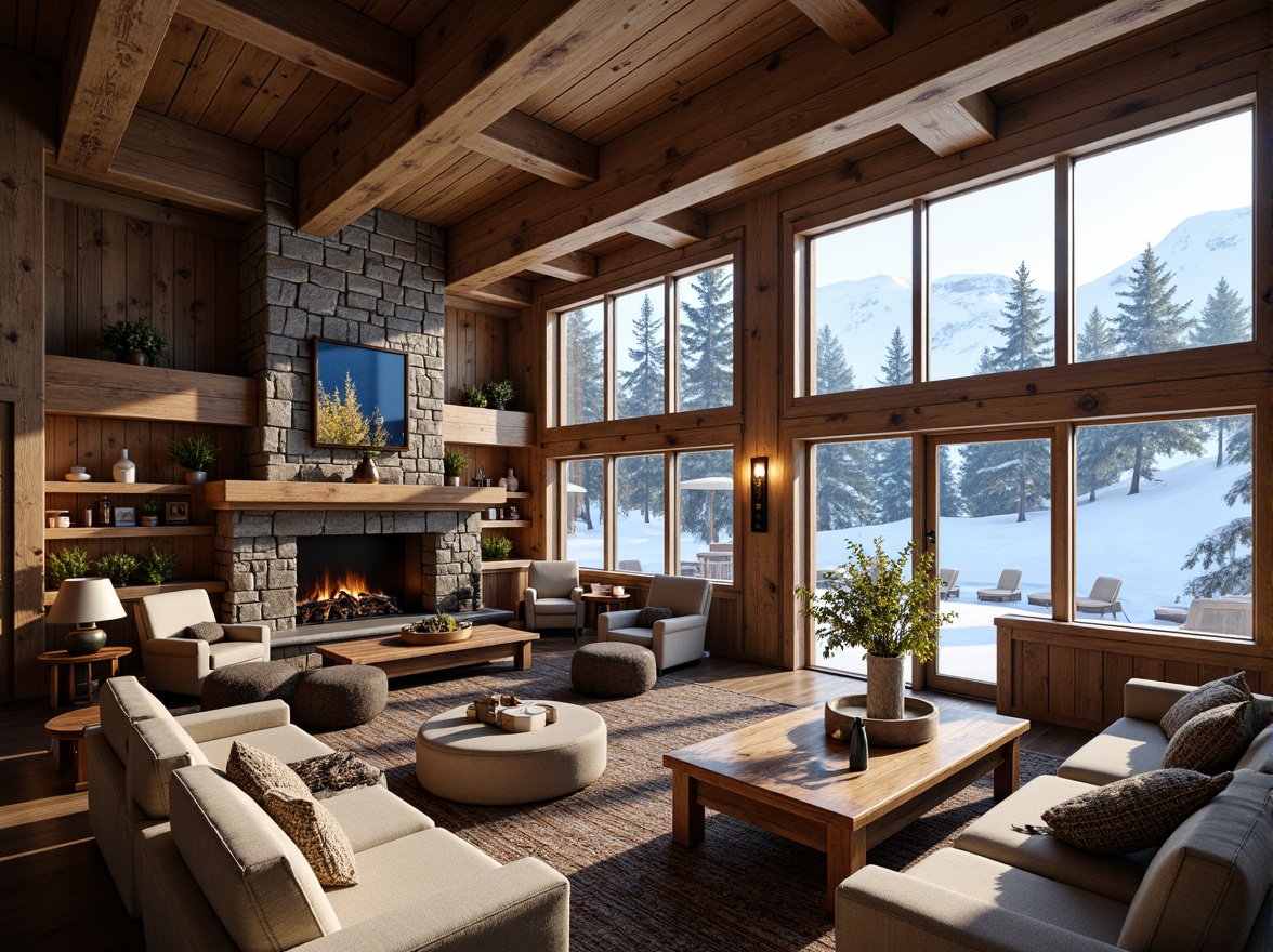 Prompt: Rustic ski lodge, wooden accents, stone fireplace, reclaimed wood beams, earthy tones, natural fabrics, woven textiles, cozy ambiance, snow-capped mountains, frozen lakes, pine trees, snowy terrain, winter sports equipment, ski lifts, mountainous landscape, warm soft lighting, shallow depth of field, 1/2 composition, realistic textures, ambient occlusion.