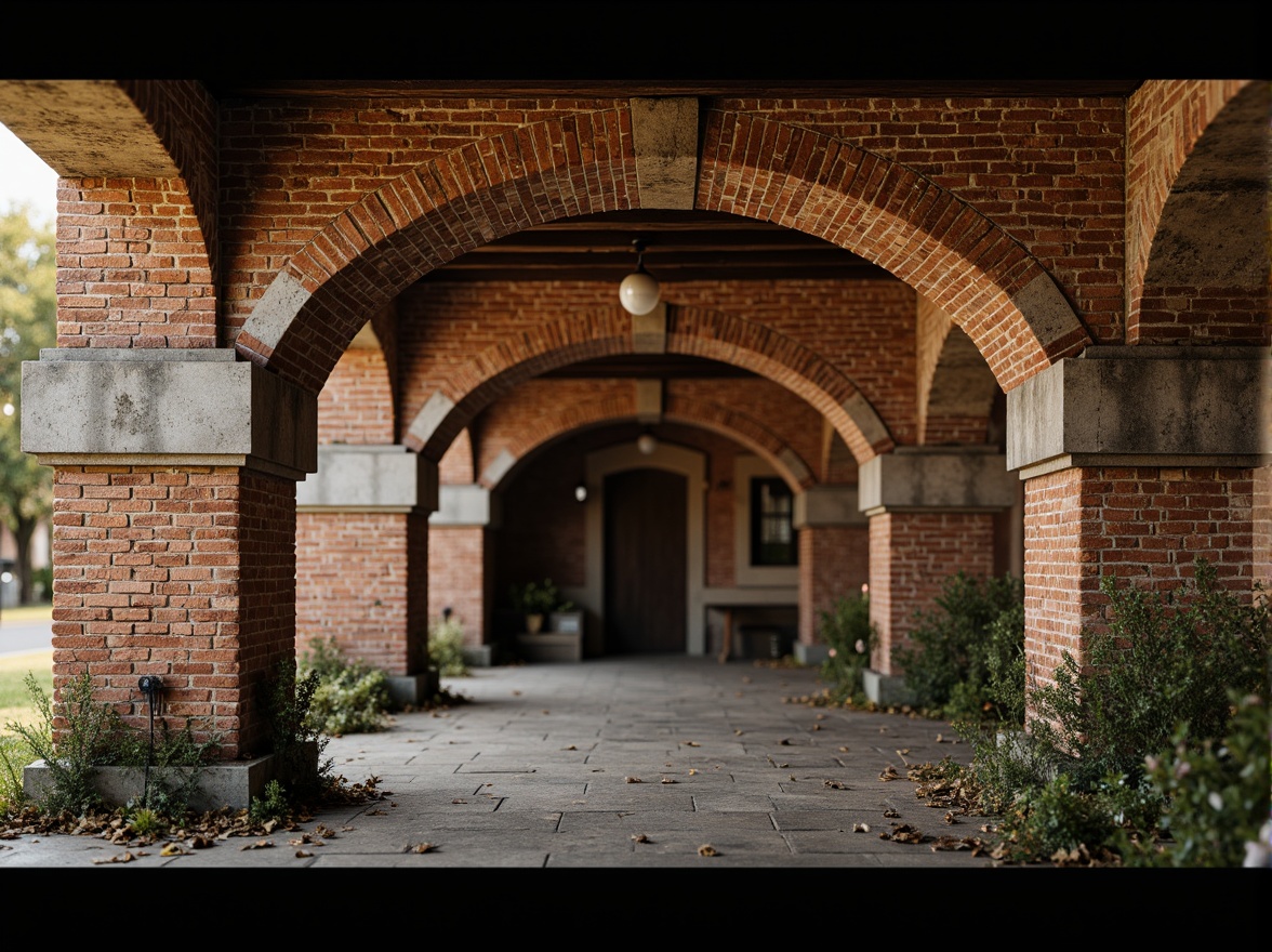 Prompt: Rustic brick facade, earthy tones, irregular texture, ornate archways, distressed walls, vintage charm, warm ambient lighting, shallow depth of field, 1/2 composition, realistic render, intricate details, rough-hewn stones, moss-covered surfaces, weathered patina, aged infrastructure, nostalgic atmosphere, soft focus blur, cinematic mood.