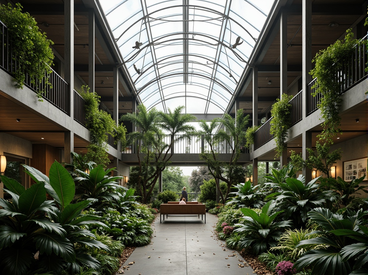 Prompt: Lush greenery, tropical plants, warm humid climate, natural ventilation, clerestory windows, steel frames, curved glass roofs, minimalist interior design, industrial pipes, exposed ductwork, rustic wooden accents, reclaimed wood textures, earthy color palette, soft diffused lighting, 1/1 composition, symmetrical view, realistic plant models, ambient occlusion.