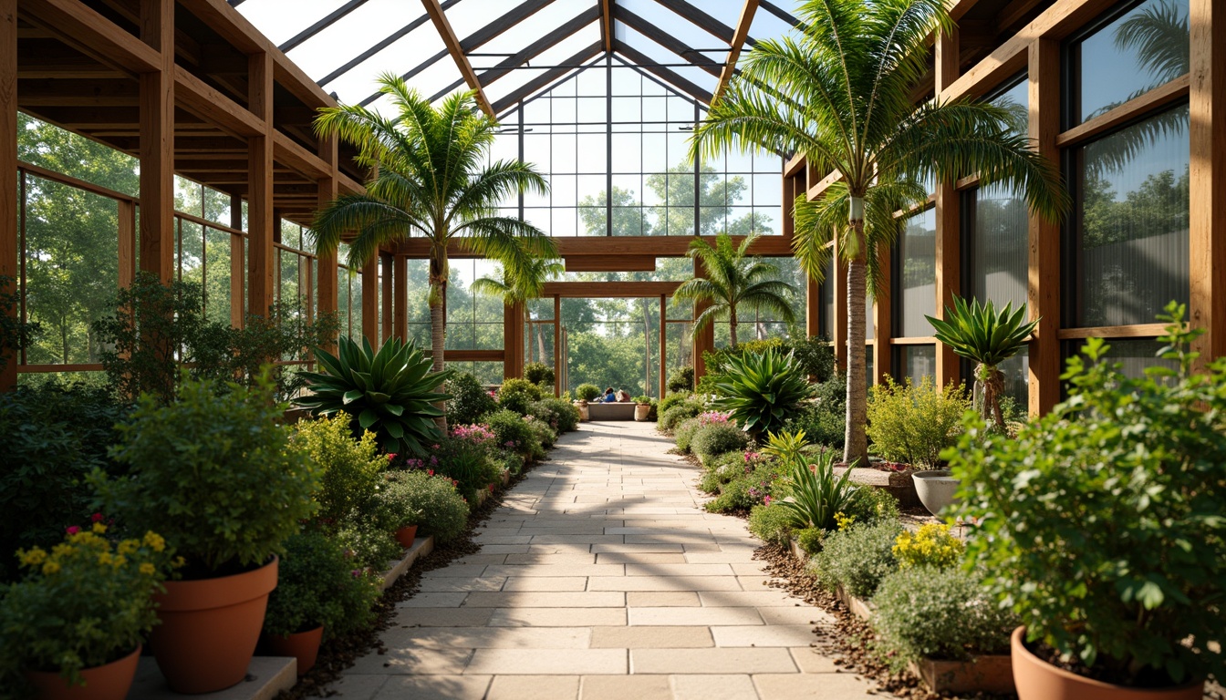 Prompt: Vibrant greenhouse interior, lush tropical plants, warm natural lighting, earthy terracotta pots, wooden trellises, misting system, humid atmosphere, soft diffused light, 1/1 composition, shallow depth of field, realistic textures, ambient occlusion, calming color palette, harmonious contrast, soothing green hues, refreshing blue undertones, energetic yellow accents, natural stone pathways, rustic metal frames, modern minimalist architecture, large glass windows, sliding glass doors, blooming flowers, sunny day.