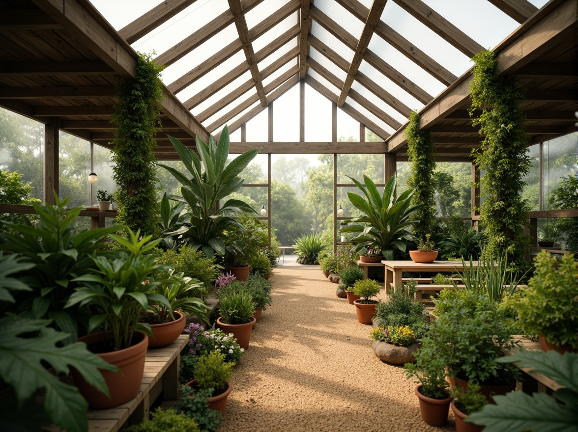 Prompt: Vibrant greenhouse interior, lush tropical plants, warm natural light, misty atmosphere, rustic wooden beams, corrugated metal roofs, earthy terracotta pots, soft moss-covered walls, calming pastel colors, monochromatic green hues, contrasting bold accents, harmonious color harmony, analogous plant arrangements, triadic leaf patterns, warm beige gravel pathways, dewy morning light, shallow depth of field, 1/2 composition, realistic textures, ambient occlusion.