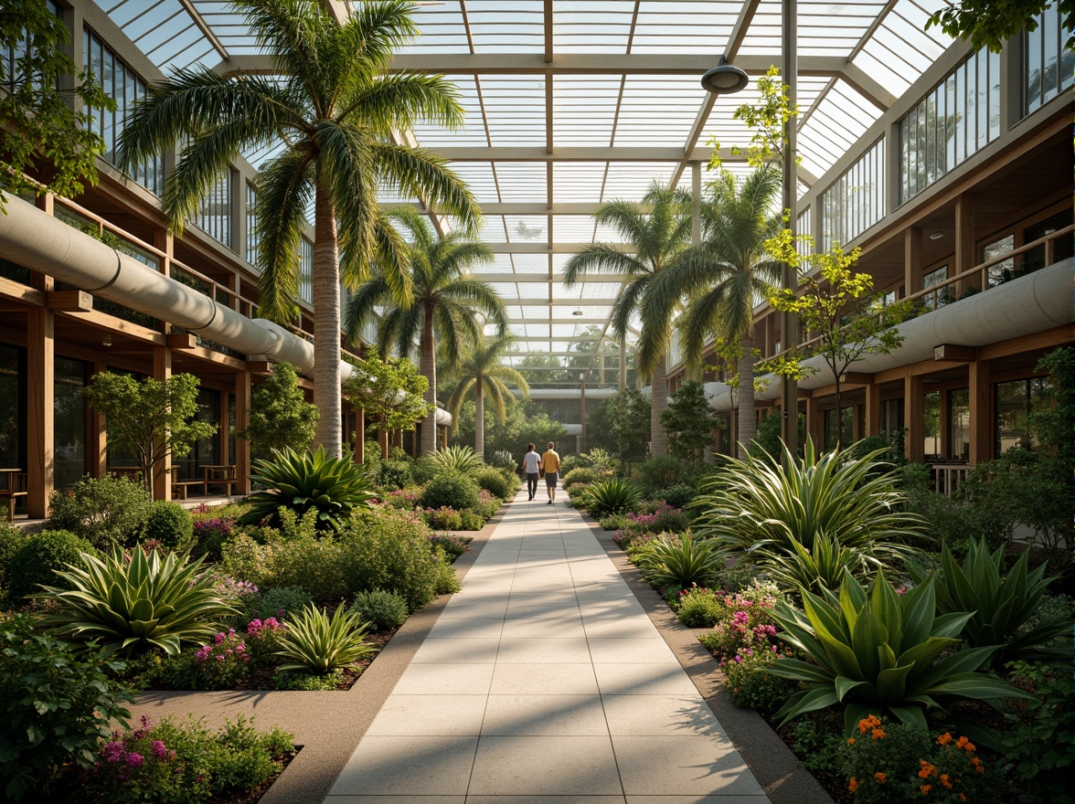 Prompt: Serene greenhouse interior, lush tropical plants, natural stone flooring, wooden trellises, misting systems, soft warm lighting, shallow depth of field, 3/4 composition, panoramic view, realistic textures, ambient occlusion, integrated landscape design, seamless transitions, organic forms, biophilic architecture, sustainable materials, energy-efficient systems, ventilation towers, clerestory windows, skylights, natural ventilation, evaporative cooling systems, misting irrigation systems, vibrant colorful flowers, butterflies, hummingbirds.