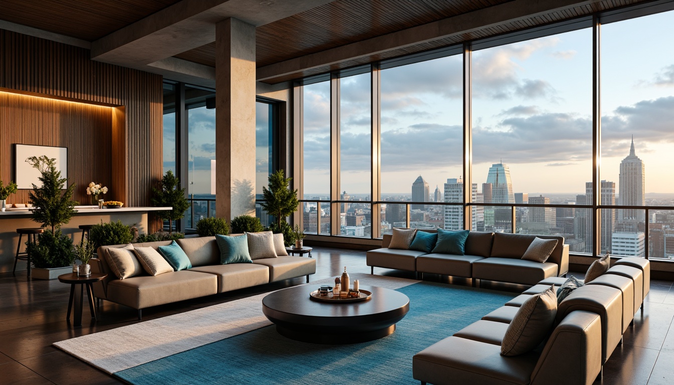 Prompt: Vibrant azure accents, soft creamy whites, rich dark woods, polished metallic surfaces, luxurious velvety fabrics, sleek modern furniture, sophisticated urban lofts, expansive city skylines, dramatic cloud formations, warm golden lighting, high contrast ratios, shallow depth of field, 2/3 composition, cinematic views, realistic reflections, ambient occlusion.