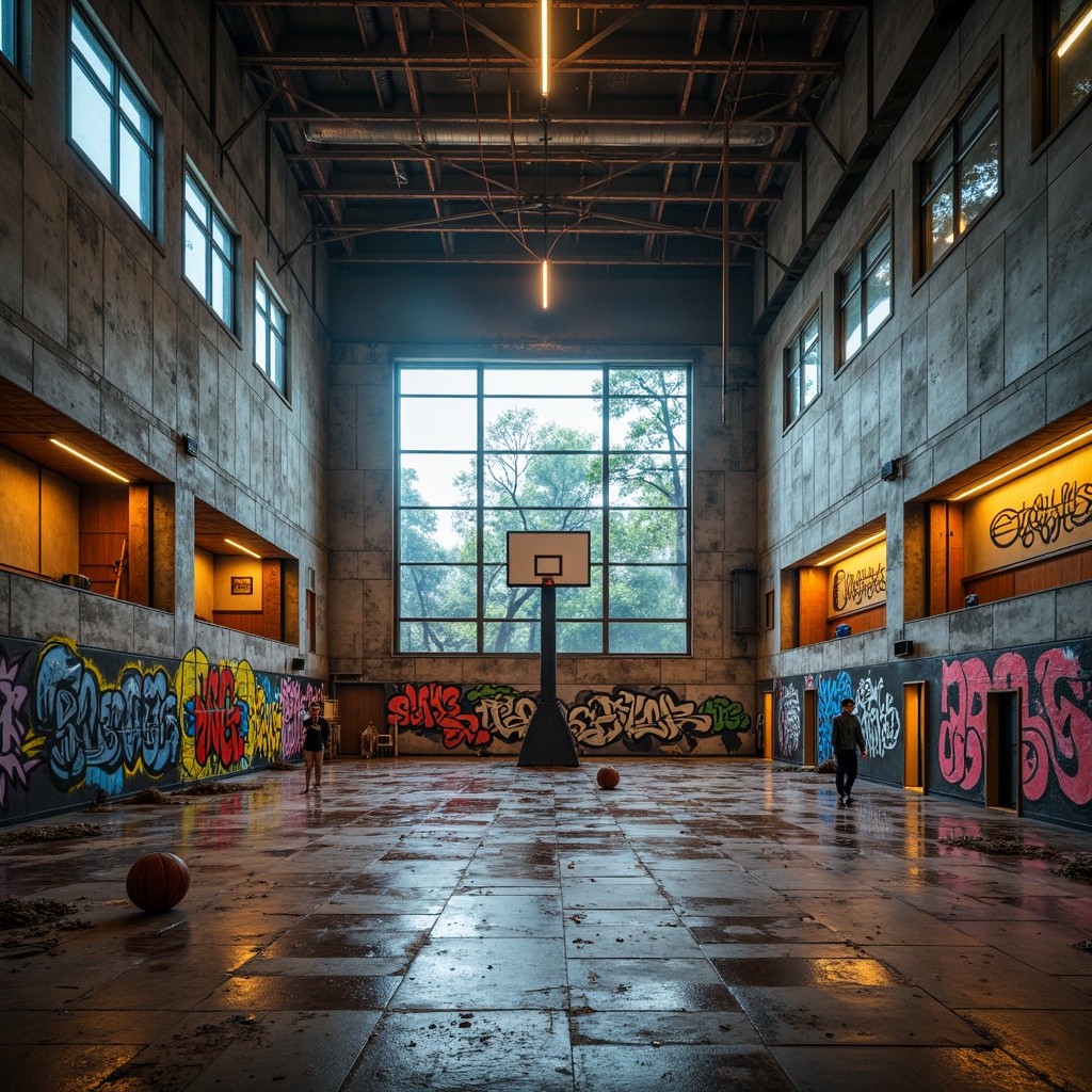 Prompt: \Disjointed gymnasium, fragmented concrete walls, exposed steel beams, irregular shapes, bold color blocks, clashing textures, industrial chic ambiance, urban cityscape backdrop, morning misty atmosphere, dramatic spotlighting, low-angle shots, 1/2 composition, gritty realistic rendering, rusted metal accents, worn-out wooden floors, abstract graffiti murals, neon-lit signs, eclectic sports equipment, futuristic architectural details.\