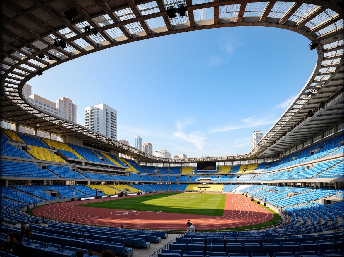 Prompt: Vibrant sports stadium, fusion architecture, bold color palette, electric blue seats, bright green grass, sunny yellow accents, deep red track lanes, sleek silver metal beams, modern LED lighting, dynamic angular lines, futuristic curves, high-tech scoreboards, transparent glass walls, cantilevered roof structures, open-air concourses, urban cityscape views, dramatic shadows, low-angle photography, wide-angle lens, realistic renderings, ambient occlusion.