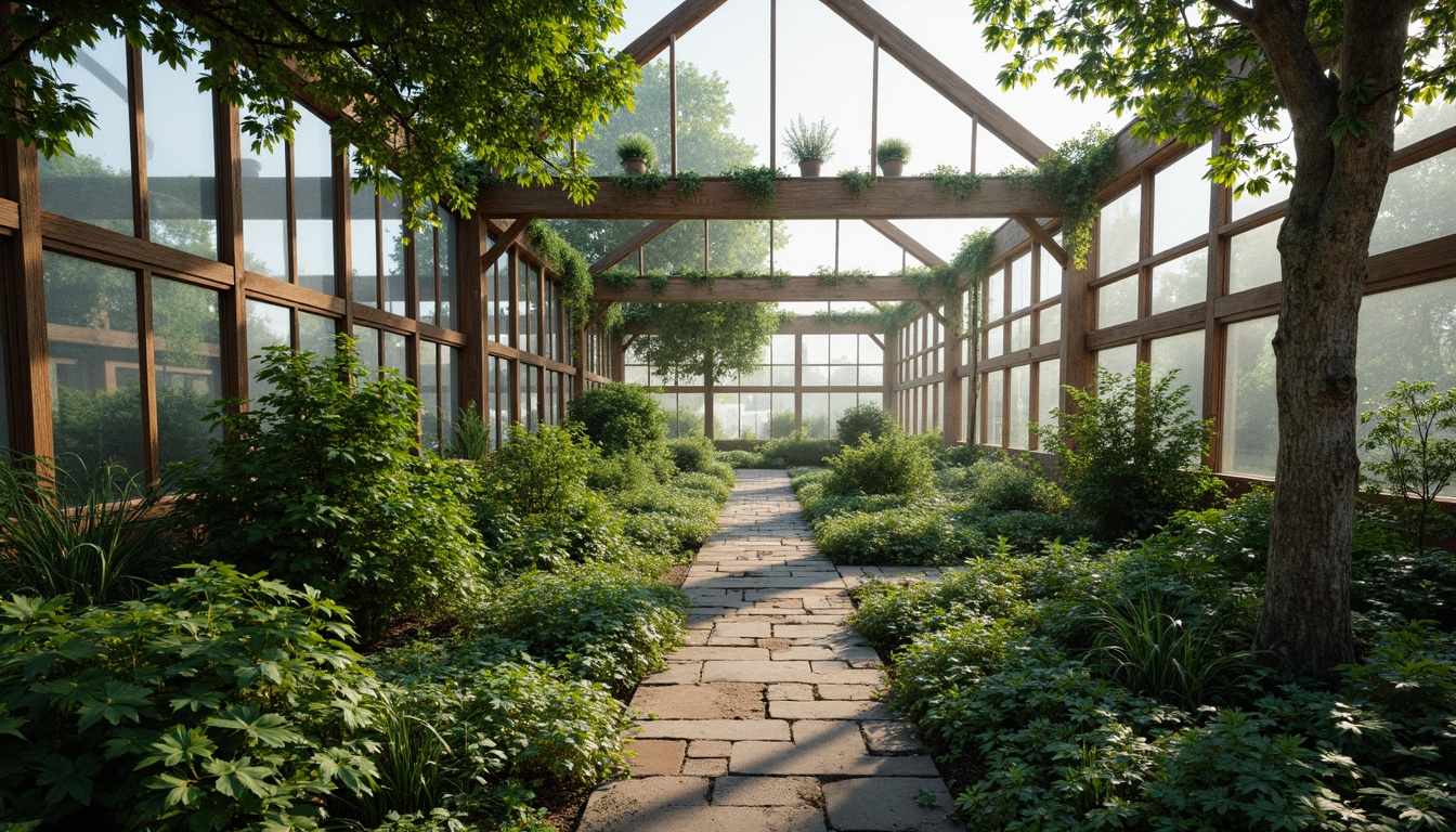 Prompt: \Tranquil greenhouse interior, lush vegetation, natural stone pathways, wooden trellises, clerestory windows, solar panels, rainwater harvesting systems, living walls, green roofs, recycled materials, minimal carbon footprint, energy-efficient systems, passive ventilation, organic gardening tools, composting areas, misty atmosphere, soft diffused lighting, shallow depth of field, 1/1 composition, realistic textures, ambient occlusion.\