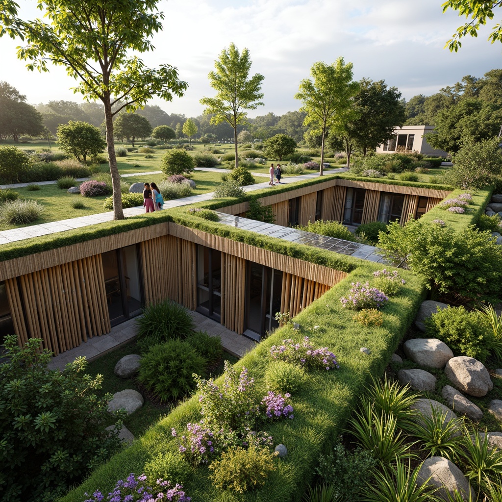 Prompt: Vibrant green roofs, lush vegetation, natural earth tones, reclaimed wood accents, living walls, bamboo structures, solar panels, eco-friendly materials, sustainable design, modern minimalism, open spaces, abundant natural light, soft diffused lighting, shallow depth of field, 3/4 composition, panoramic view, realistic textures, ambient occlusion.