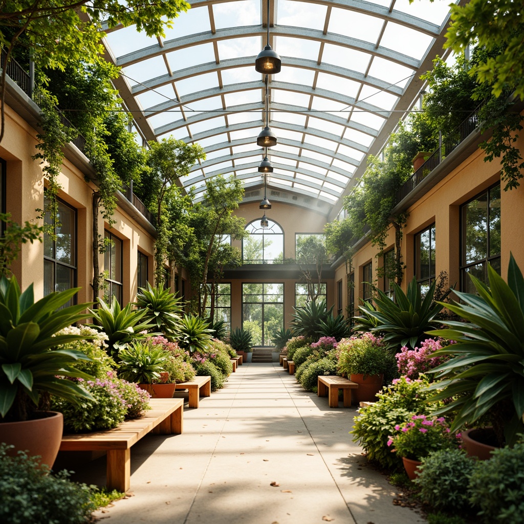 Prompt: Vibrant greenhouse interior, lush green foliage, warm natural lighting, earthy terracotta pots, wooden trellises, misting systems, humid tropical ambiance, colorful blooming flowers, delicate ferns, soft pastel hues, calming atmosphere, organic textures, botanical patterns, airy open spaces, curved glass roofs, modern minimalist architecture, sleek metal frames, industrial chic accents, natural stone flooring, warm beige walls, bright skylights, shallow depth of field, 1/2 composition, realistic plant models, ambient occlusion.