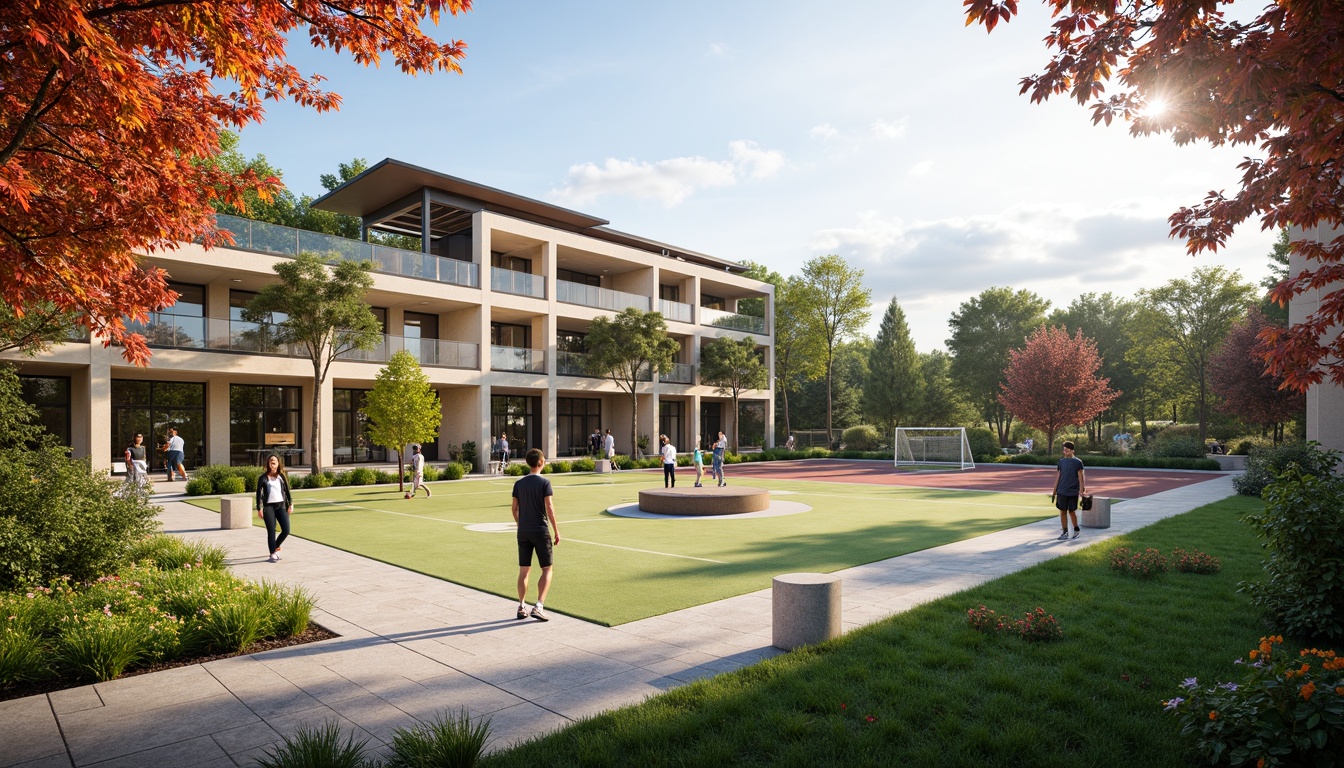 Prompt: Vibrant gymnasium courtyard, lush greenery, natural stone walkways, modern architecture, large windows, glass doors, blooming trees, sunny day, soft warm lighting, shallow depth of field, 3/4 composition, panoramic view, realistic textures, ambient occlusion, fitness equipment, sports facilities, running tracks, basketball courts, soccer fields, tennis courts, outdoor seating areas, shading structures, climbing walls, rope courses, natural ventilation systems, energy-efficient design, sustainable materials, minimalist decor, bold color schemes.