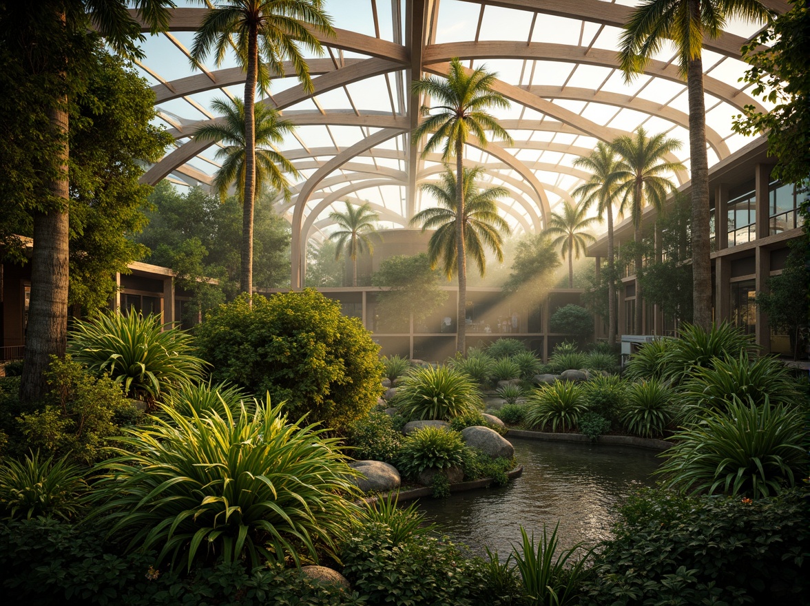 Prompt: Vibrant botanical garden, lush greenery, tropical plants, warm natural light, misty atmosphere, rustic wooden frames, modern glass structures, curved lines, organic shapes, earthy tones, calming ambiance, soft warm lighting, shallow depth of field, 3/4 composition, panoramic view, realistic textures, ambient occlusion.