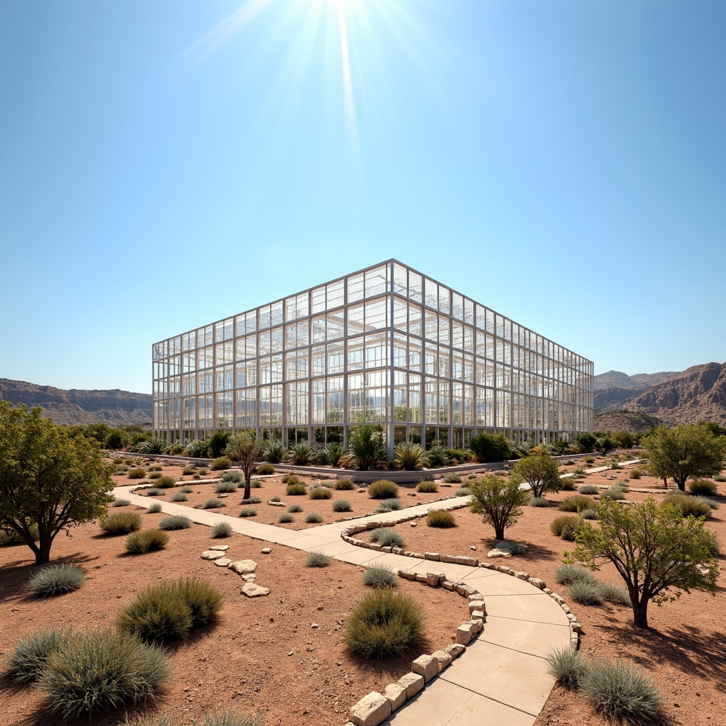 Prompt: Desert greenhouse, arid landscape, cactus plants, hot sunny day, clear blue sky, vast open space, modern futuristic architecture, sleek metal frames, transparent polycarbonate walls, automated ventilation systems, evaporative cooling technologies, misting systems, shading devices, reflective coatings, insulated roofing, climate control systems, humidification management, optimal air circulation, natural convection, energy-efficient solutions, sustainable agricultural practices.