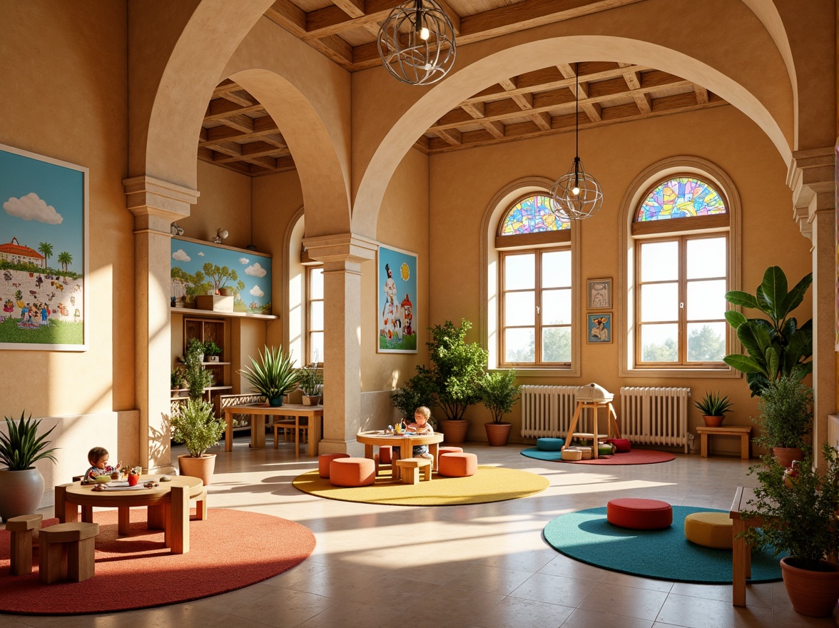 Prompt: Vibrant kindergarten interior, Romanesque arches, warm beige walls, colorful murals, educational posters, wooden furniture, rounded tables, tiny chairs, soft cushions, cozy reading nooks, natural light pouring in, large windows, stained glass details, intricate stone carvings, ornate ceilings, playful pendant lamps, lush green plants, circular rugs, harmonious color scheme, soft warm lighting, shallow depth of field, 1/1 composition, intimate atmosphere.