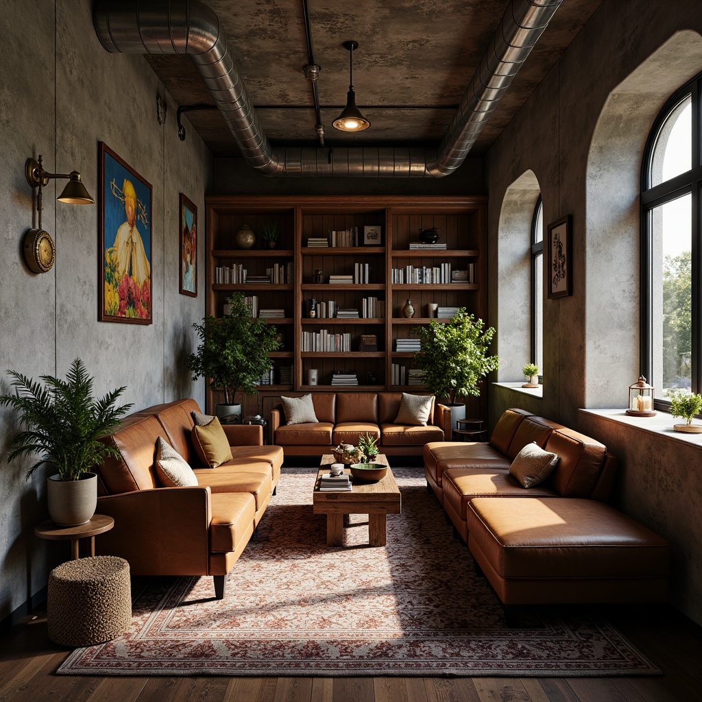 Prompt: Distressed concrete walls, exposed ductwork, industrial metal beams, reclaimed wood accents, worn leather furniture, vintage bookshelves, ornate bronze fixtures, geometric-patterned rugs, warm atmospheric lighting, dramatic shadows, 1/2 composition, low-angle shot, realistic reflections, ambient occlusion.