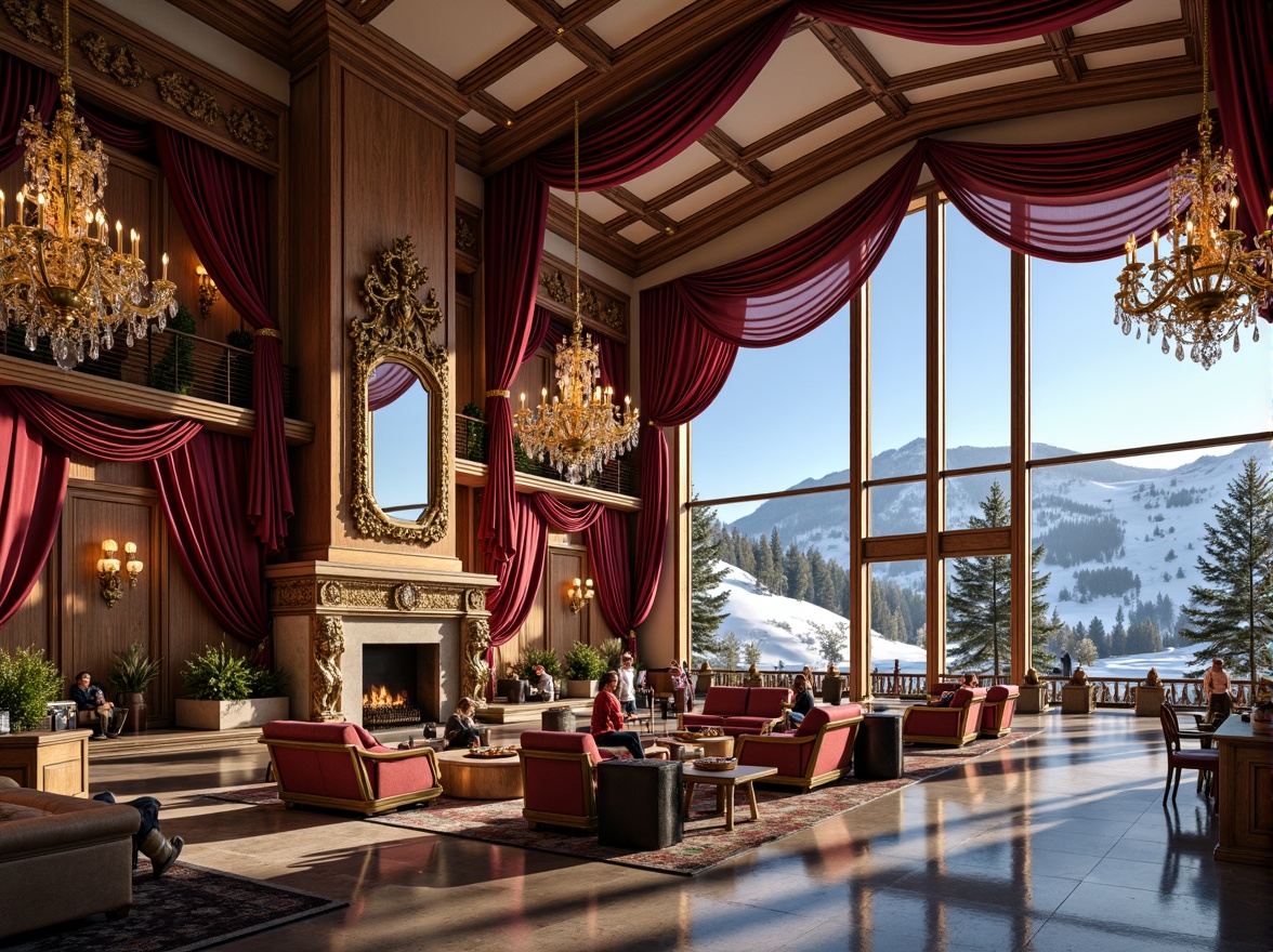 Prompt: Intricate ski resort, grandiose chandeliers, ornate gold accents, lavish furnishings, rich velvet drapes, regal crimson walls, opulent marble floors, majestic stone fireplaces, intricate wooden carvings, Baroque-inspired architectural details, snow-capped mountains, frosty winter landscapes, pine trees, frozen lakes, warm golden lighting, dramatic shadows, 1/2 composition, realistic reflections, ambient occlusion.