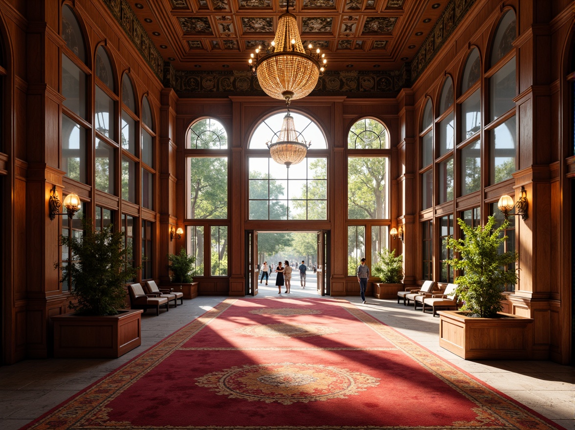 Prompt: Grand casino entrance, ornate chandeliers, lavish decorations, rich wood paneling, velvety red carpets, intricate ceiling patterns, large windows, natural stone walls, rustic regionalism style, warm earthy tones, soft diffused lighting, afternoon sunbeams, subtle shadows, 1/2 composition, relaxed atmosphere, ambient occlusion.