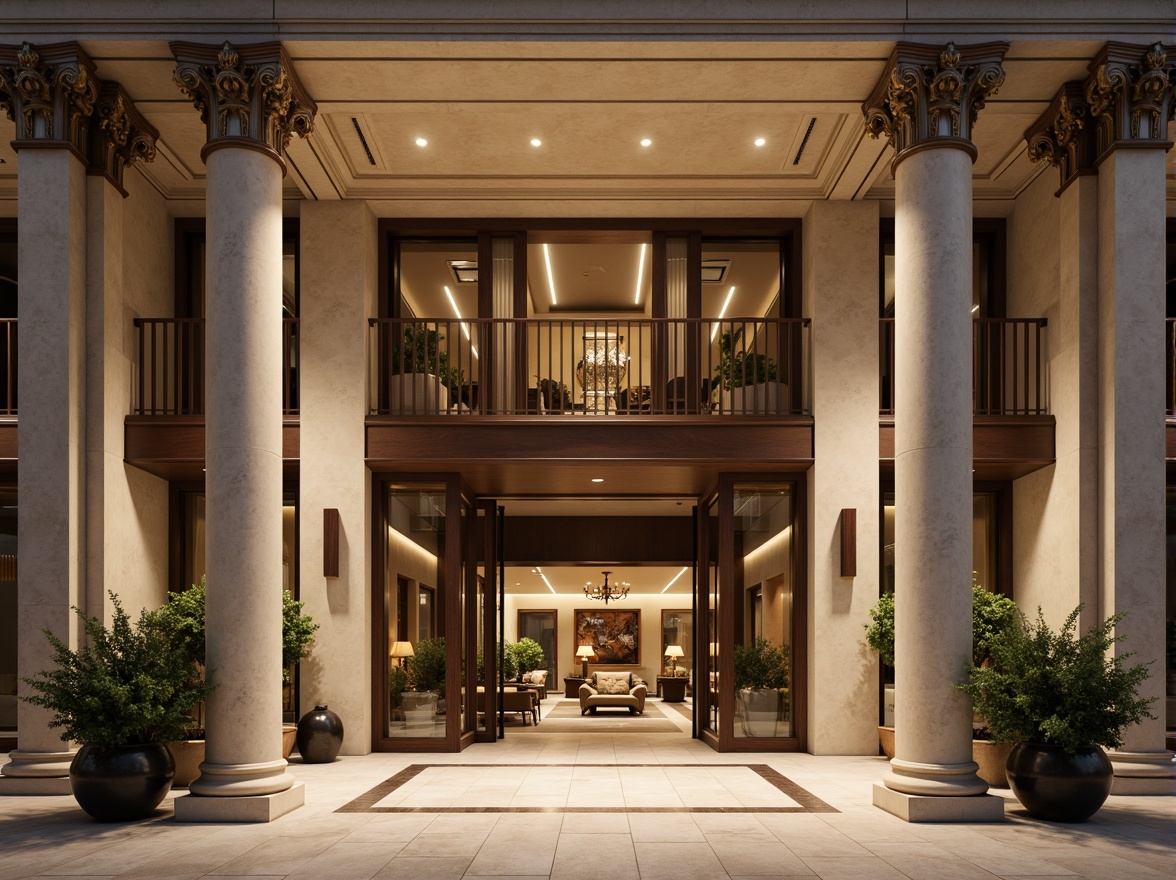 Prompt: Elegant hotel fa\u00e7ade, grand entrance, ornate columns, rusticated stonework, symmetrical architecture, classical details, subtle illumination, warm beige tones, rich wood accents, sophisticated metalwork, inviting lobby, spacious atrium, comfortable seating areas, abundant natural light, refined interior design, minimalist decor, luxurious amenities, modern smart hotel systems, efficient energy management, sleek LED lighting, 1/1 composition, shallow depth of field, realistic materials, ambient occlusion.